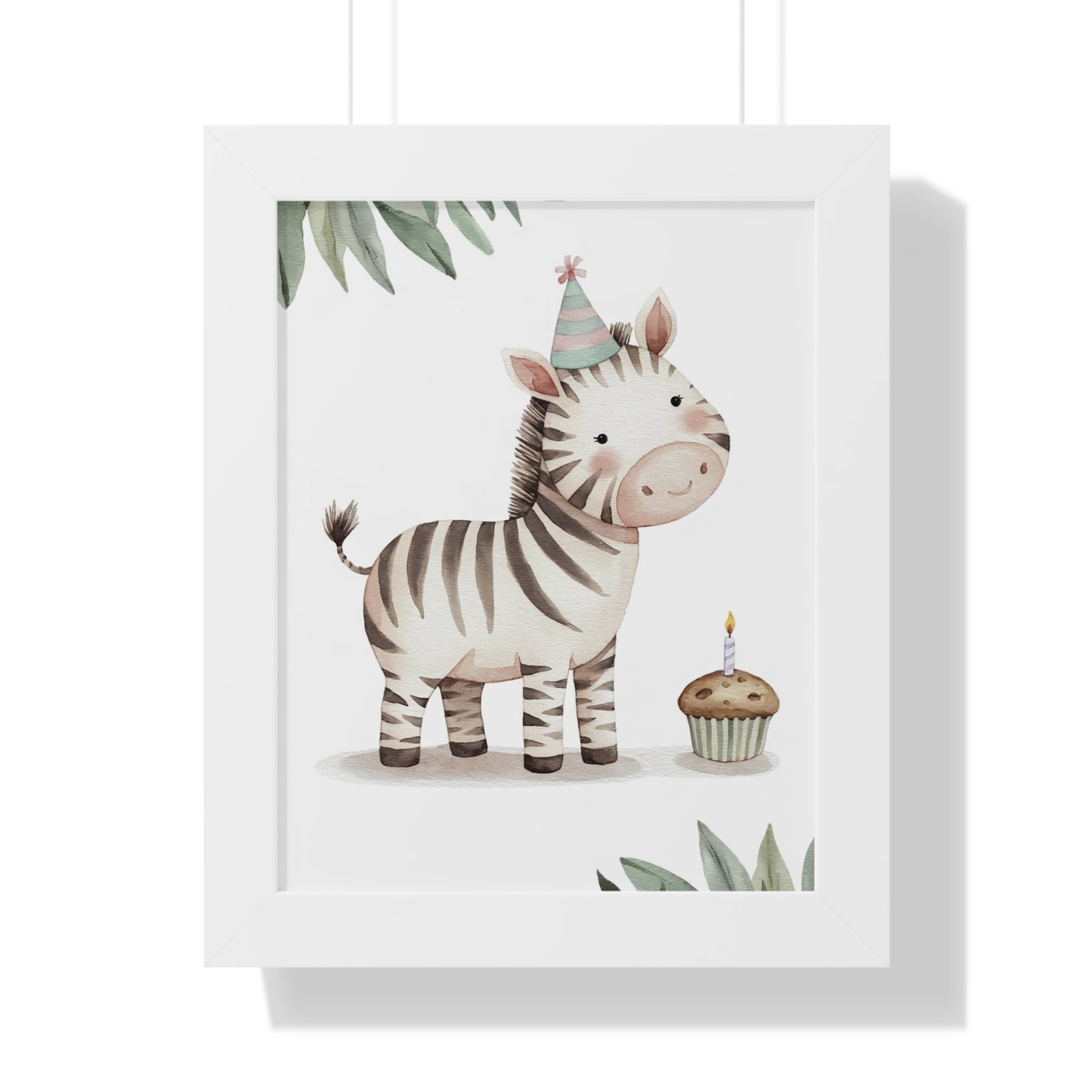 Framed Poster — Cute Birthday Zebra Nursery Wall Art (Party Hat & Cupcake)