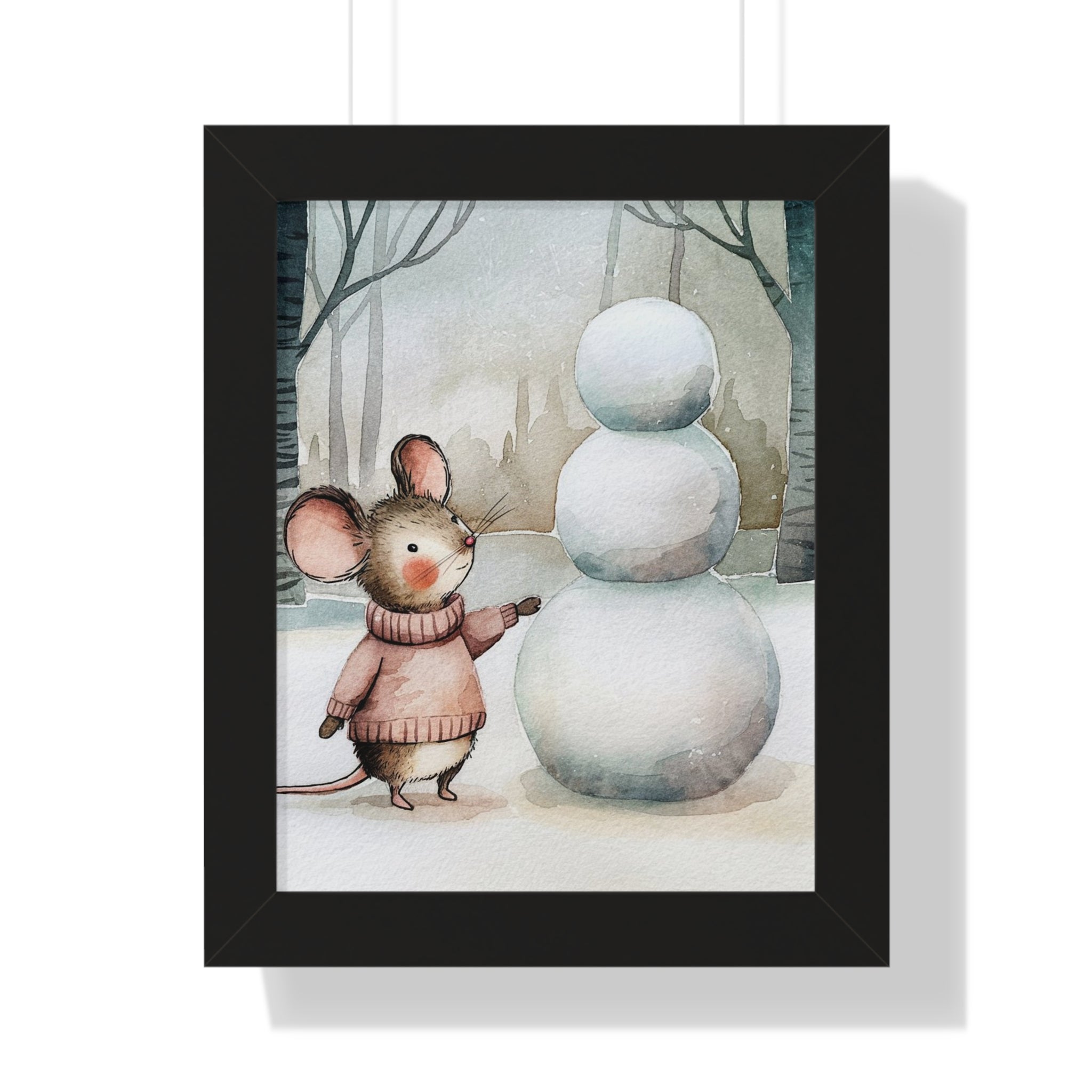 Framed Poster — Cute Mouse with Snowman Winter Wall Art