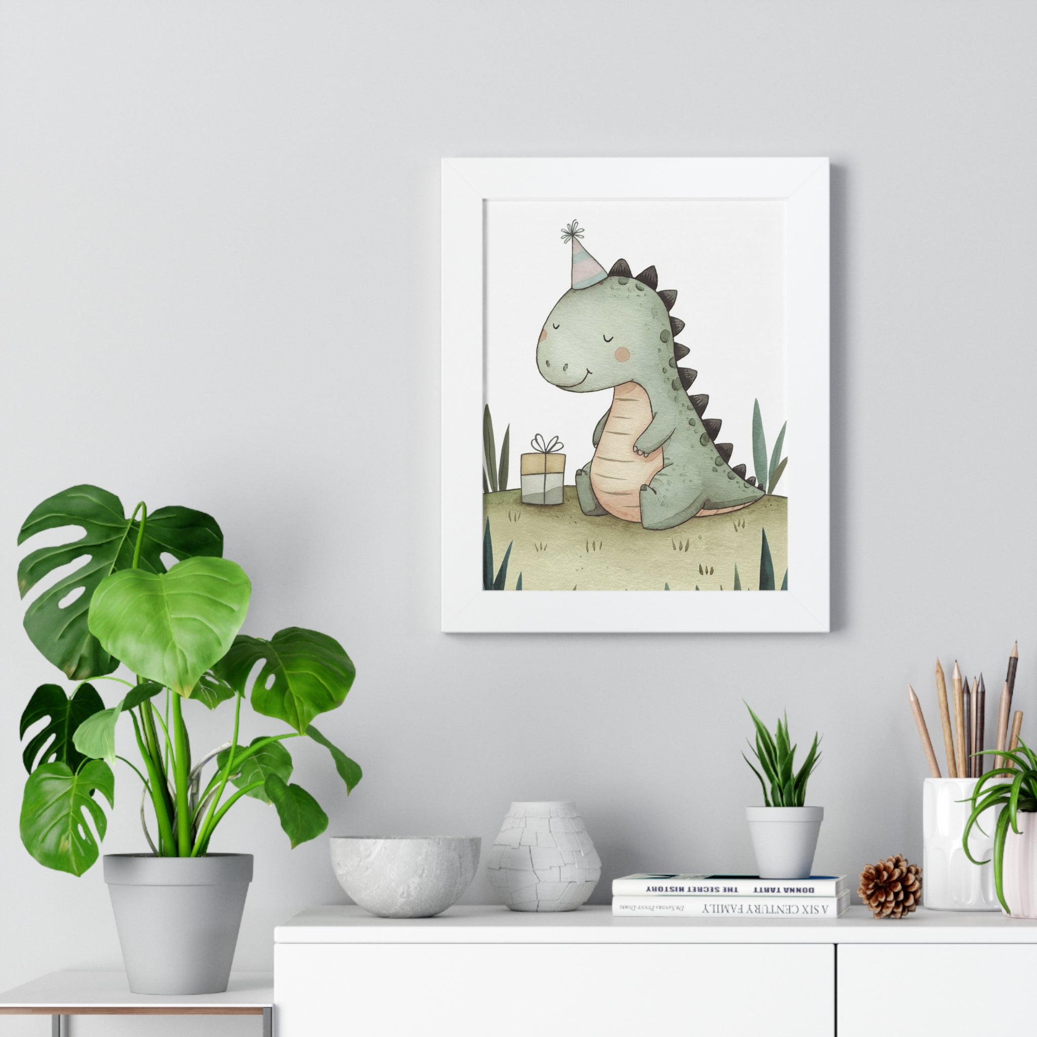 Framed Poster — Cute Party Dinosaur Nursery Art Print