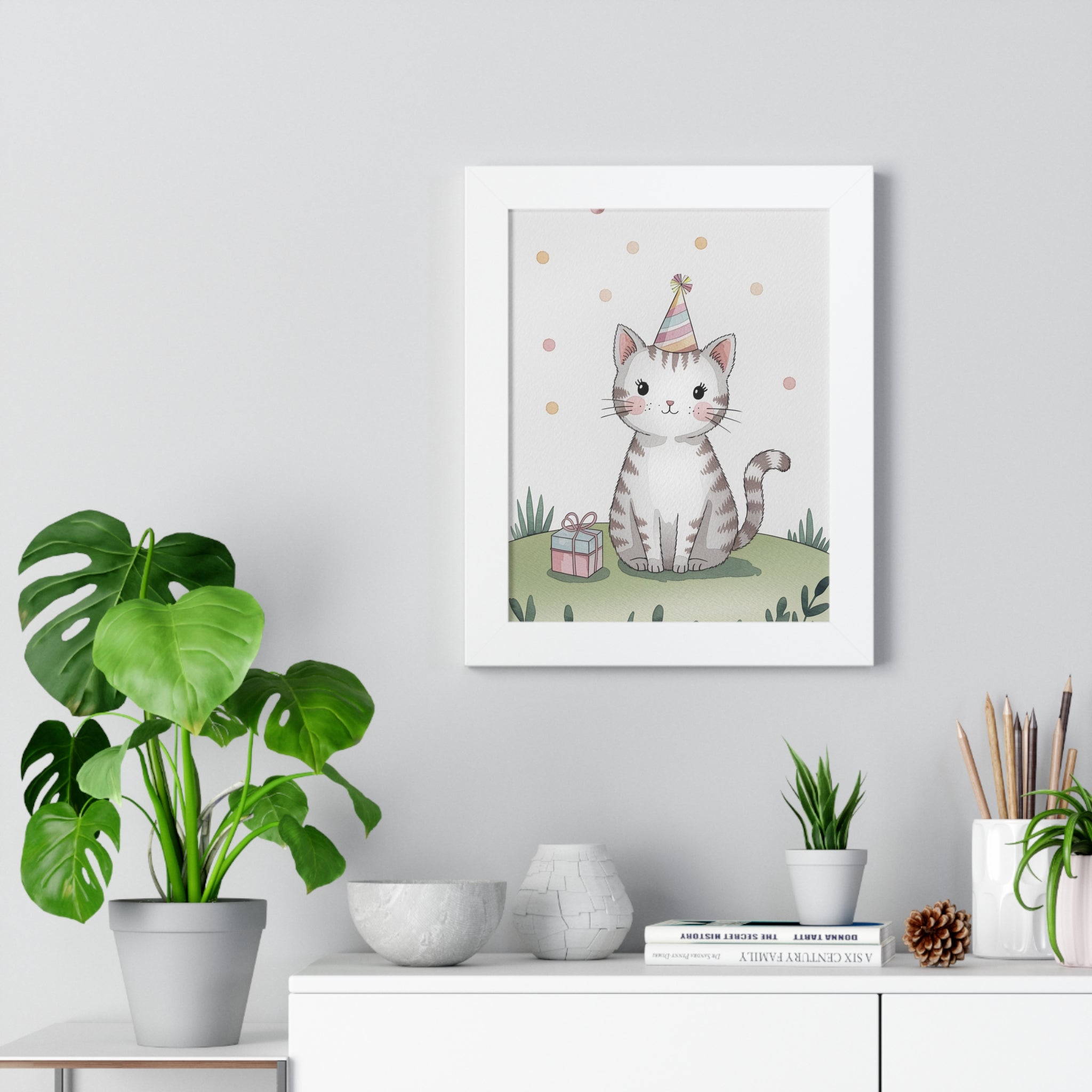 Cute Birthday Cat Framed Poster — Party Hat Kitten Wall Art