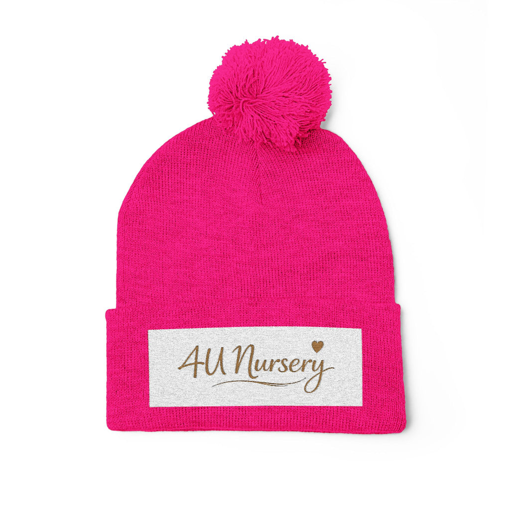 Embroidered Pom-Pom Beanie — "All Nursery" Heart Knit Cap