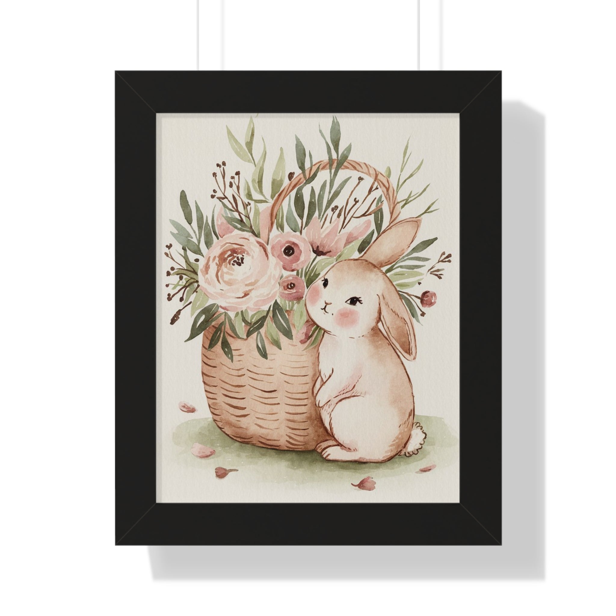 Bunny & Floral Basket Framed Vertical Poster — Nursery Wall Art