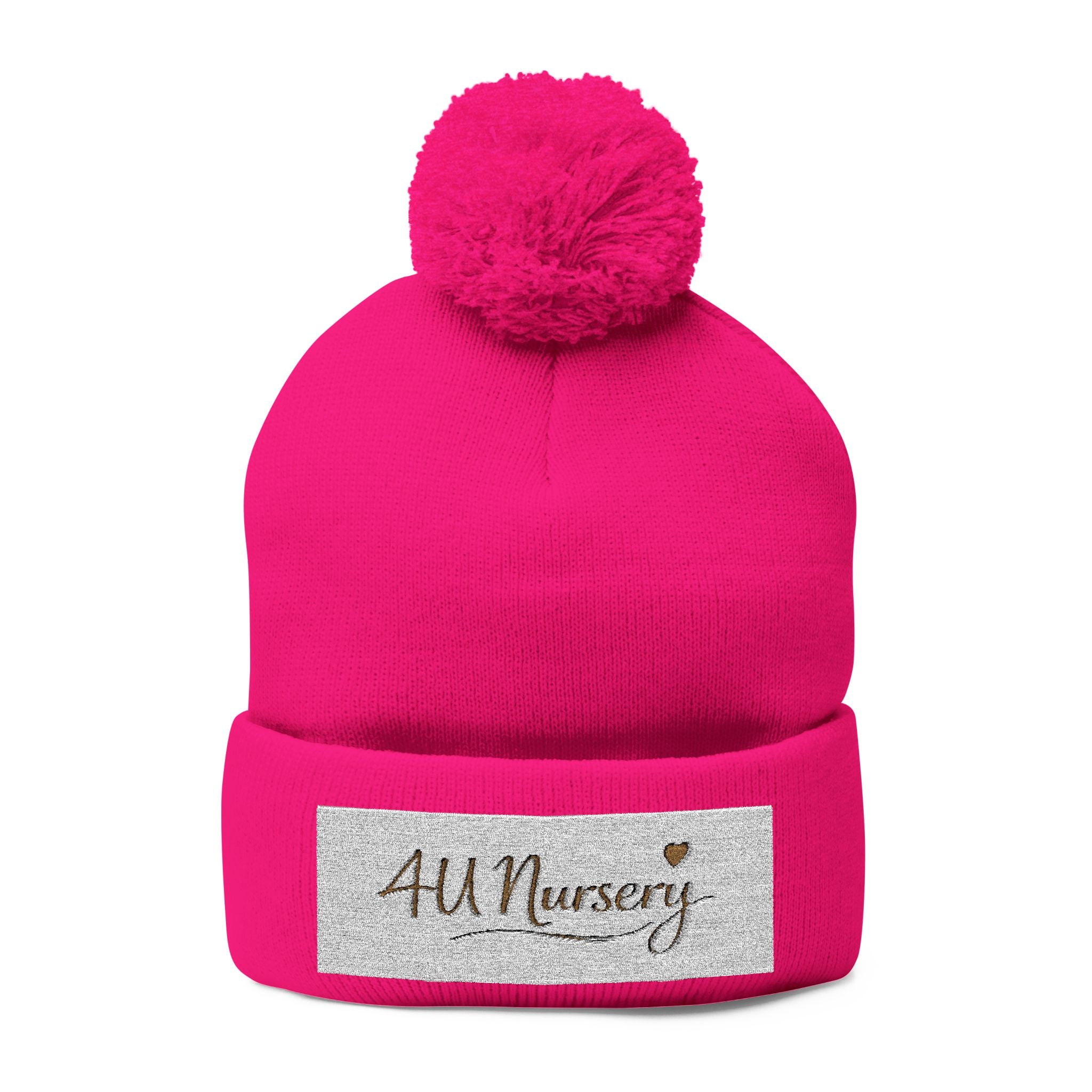 Embroidered Pom-Pom Beanie — "All Nursery" Heart Knit Cap