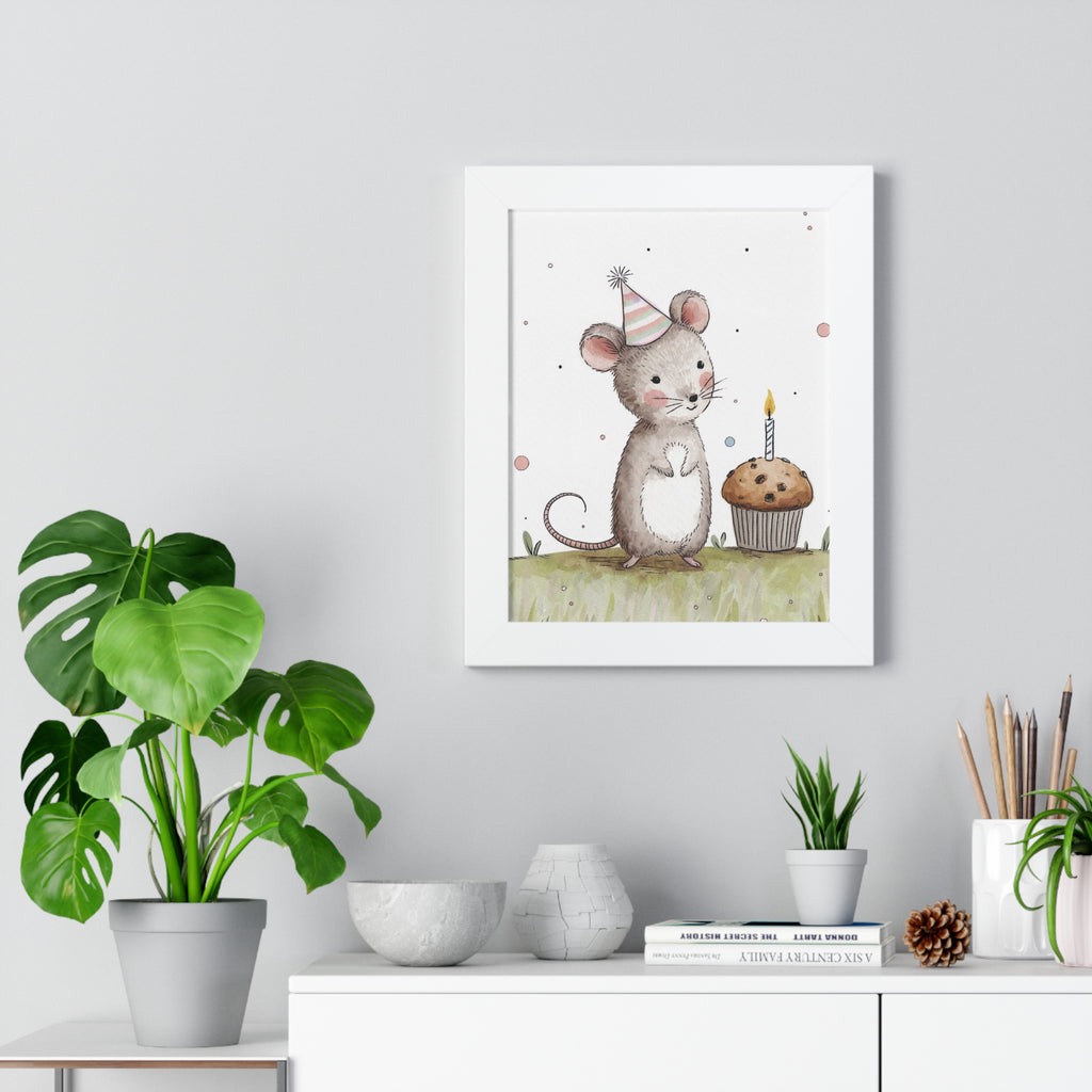 Birthday Mouse Framed Vertical Poster — Cute Nursery Wall Art