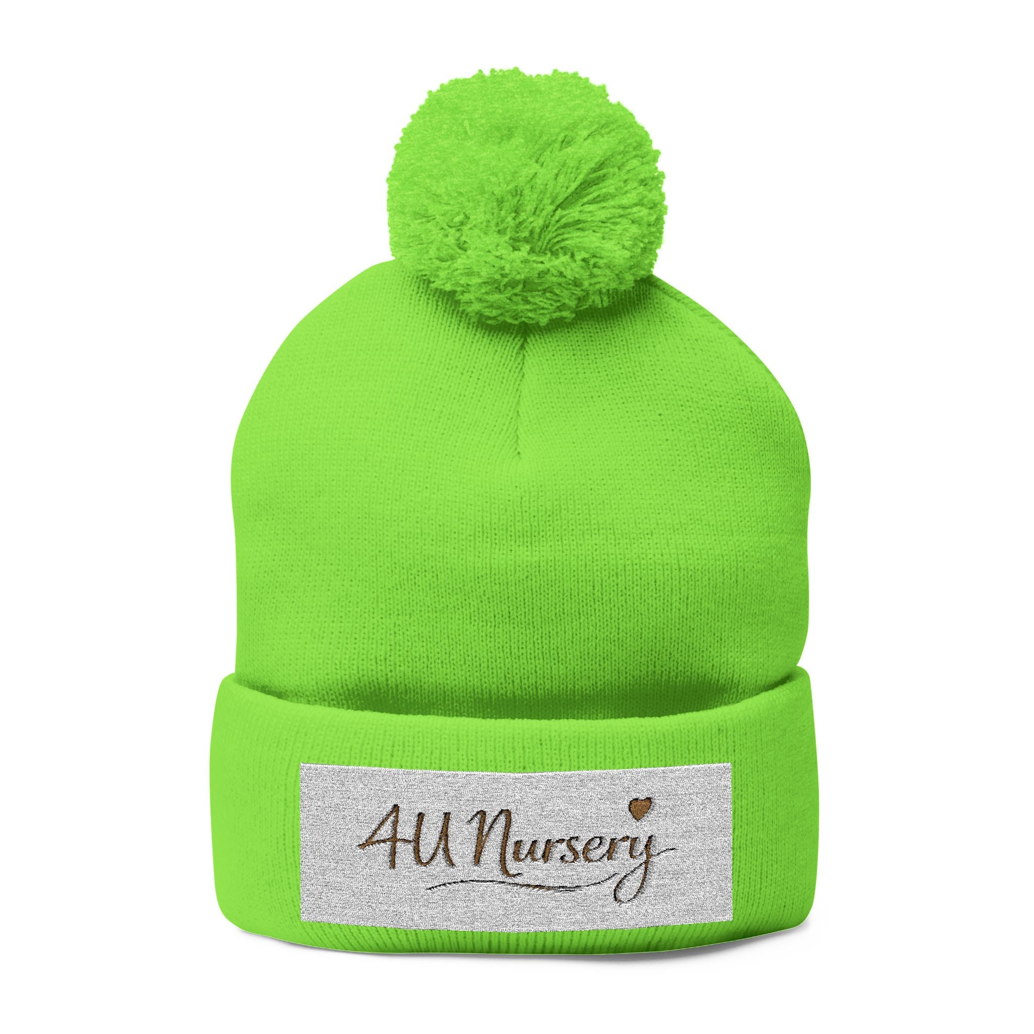 Embroidered Pom-Pom Beanie — "All Nursery" Heart Knit Cap