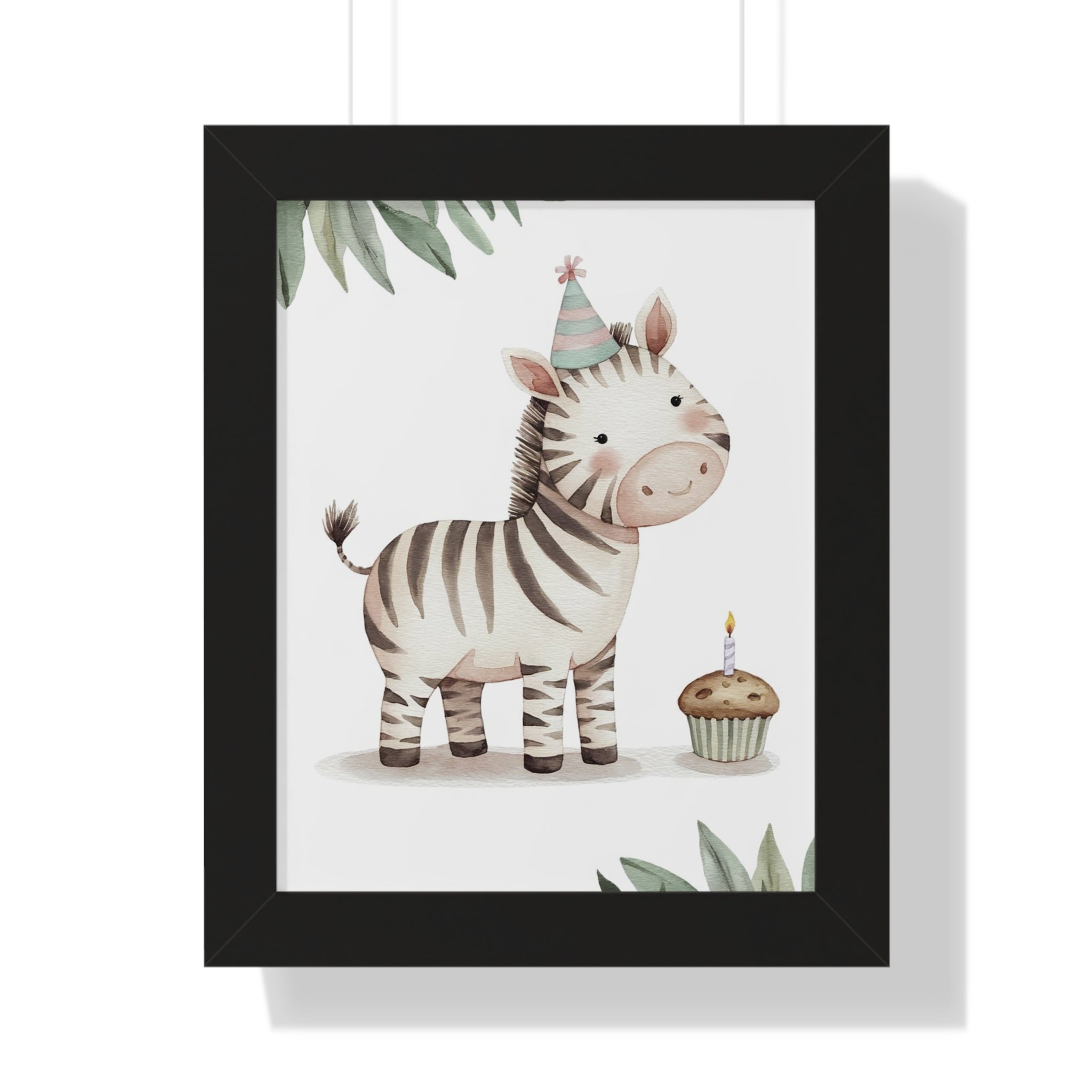 Framed Poster — Cute Birthday Zebra Nursery Wall Art (Party Hat & Cupcake)