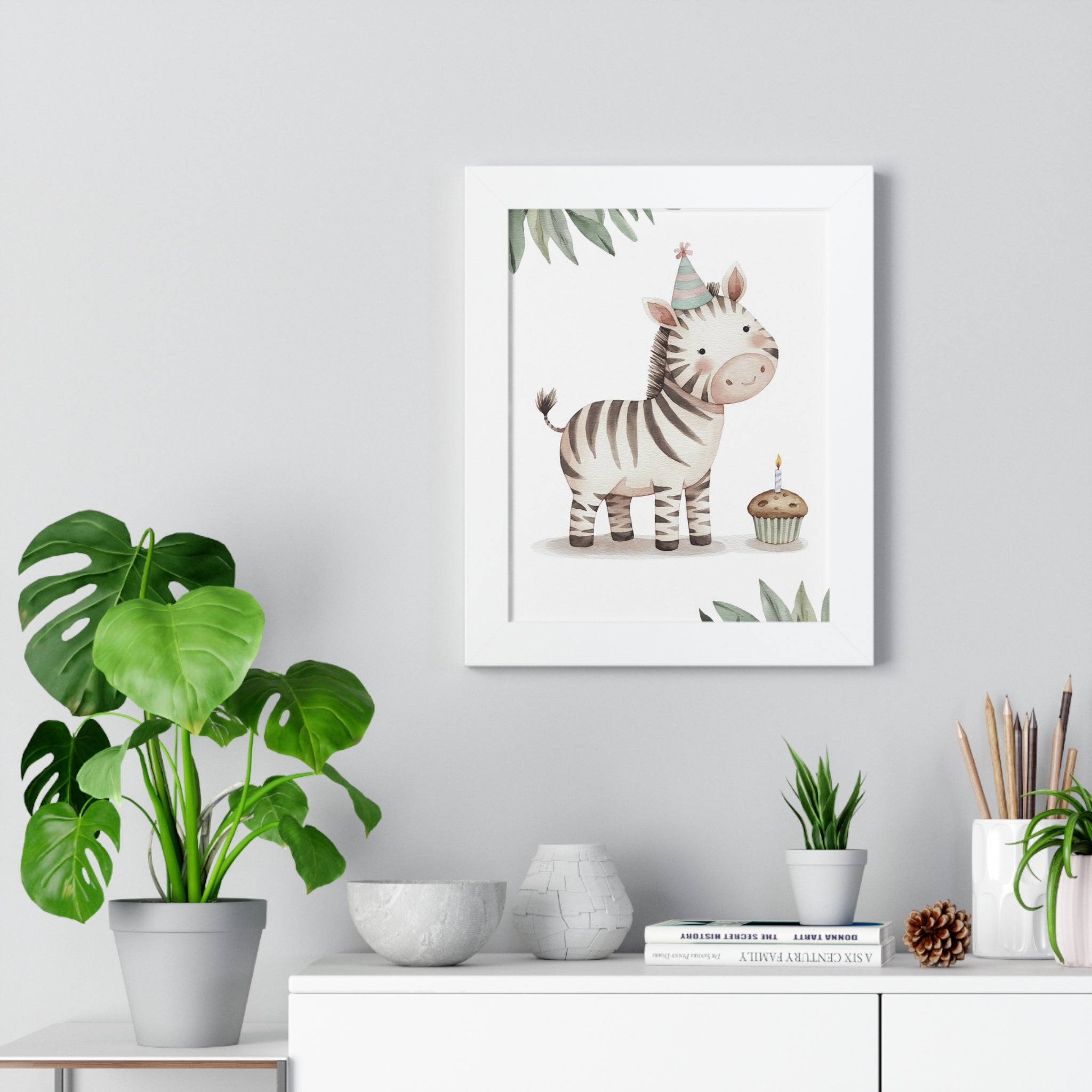 Framed Poster — Cute Birthday Zebra Nursery Wall Art (Party Hat & Cupcake)
