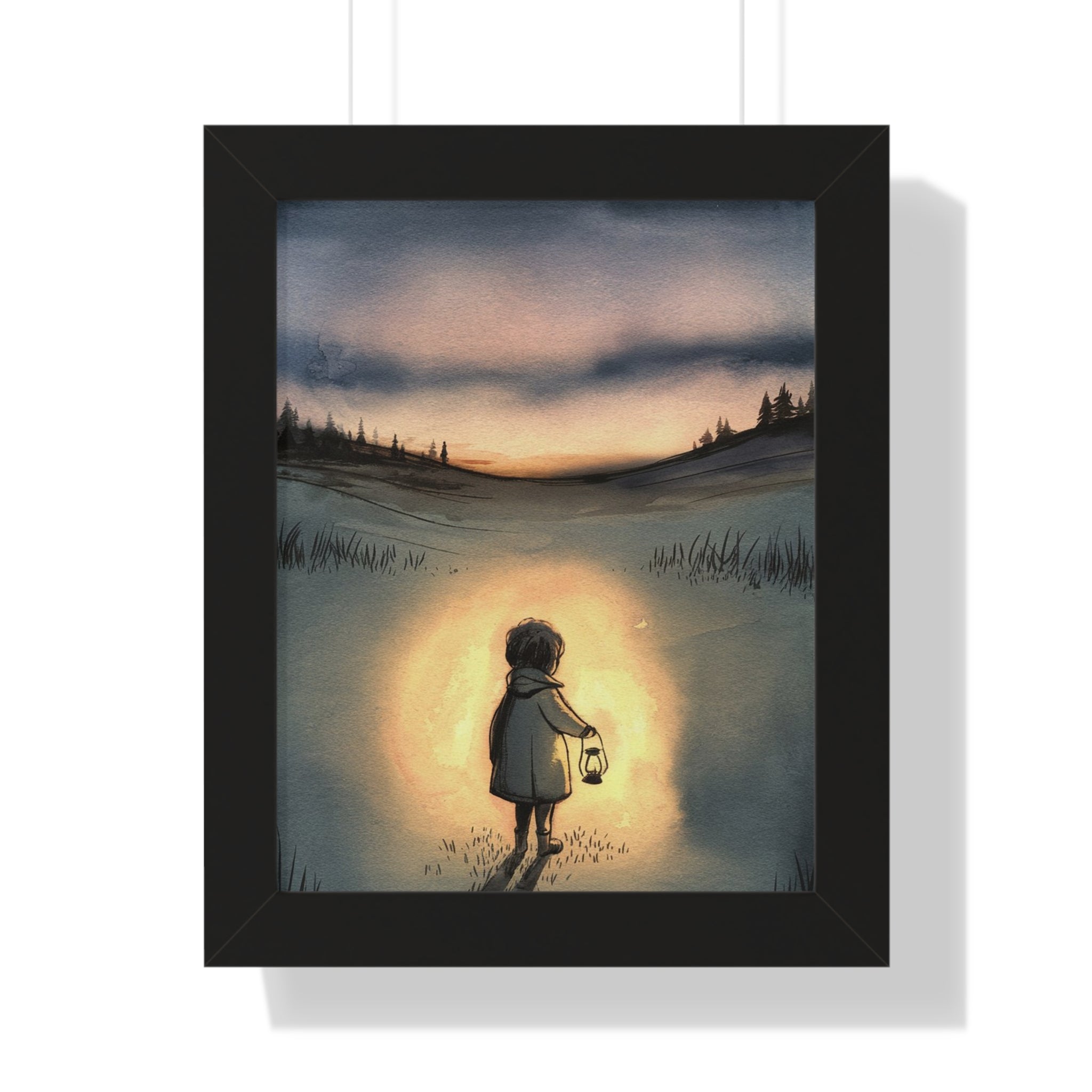 Framed Poster — Child with Lantern Nightscape Art Print