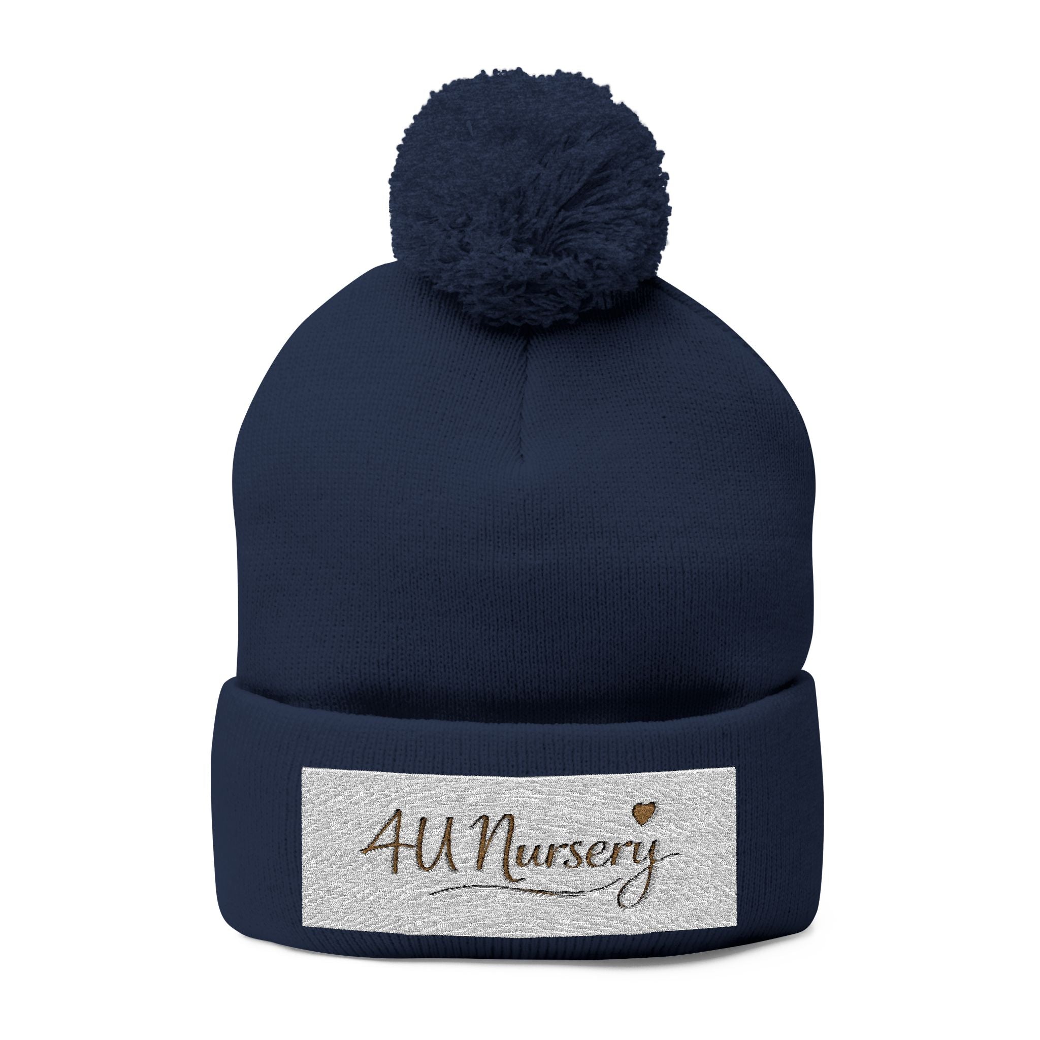 Embroidered Pom-Pom Beanie — "All Nursery" Heart Knit Cap