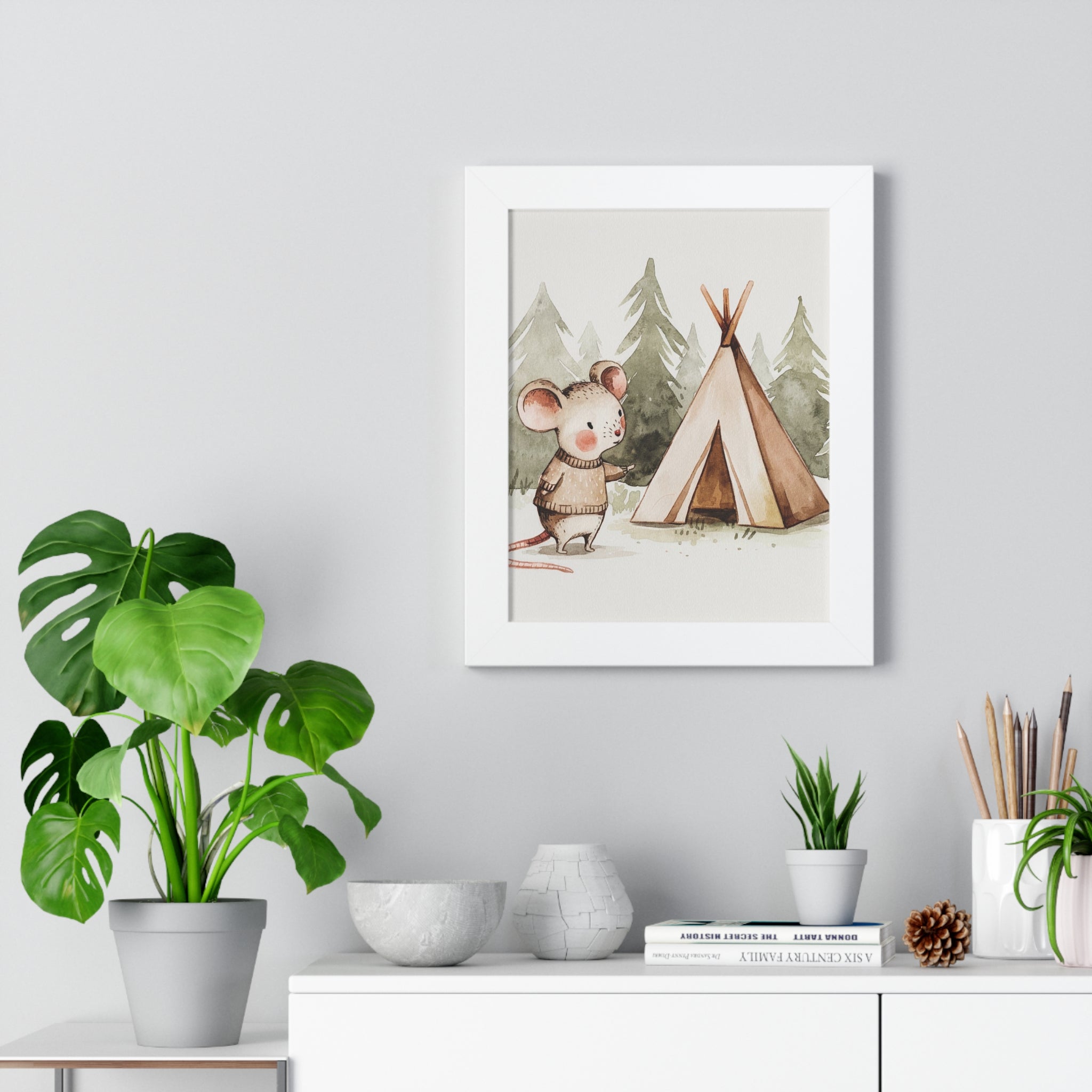 Cute Woodland Mouse Camping Framed Poster — Nursery Wall Art