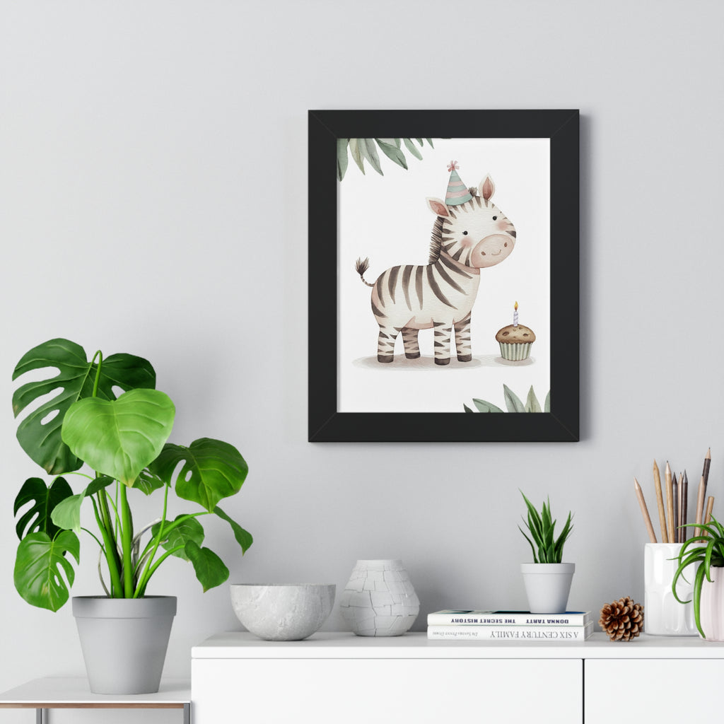 Framed Poster — Cute Birthday Zebra Nursery Wall Art (Party Hat & Cupcake)
