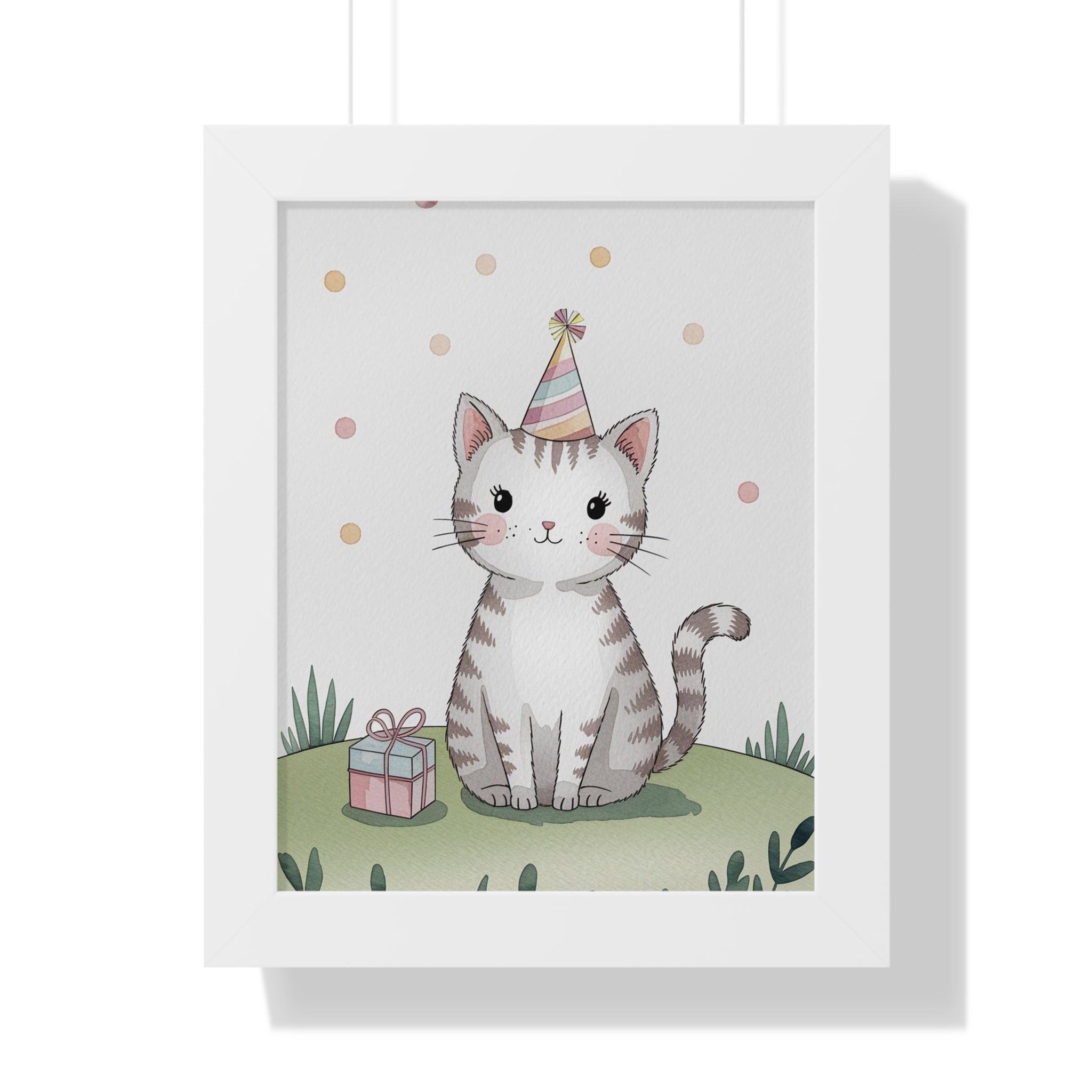 Cute Birthday Cat Framed Poster — Party Hat Kitten Wall Art