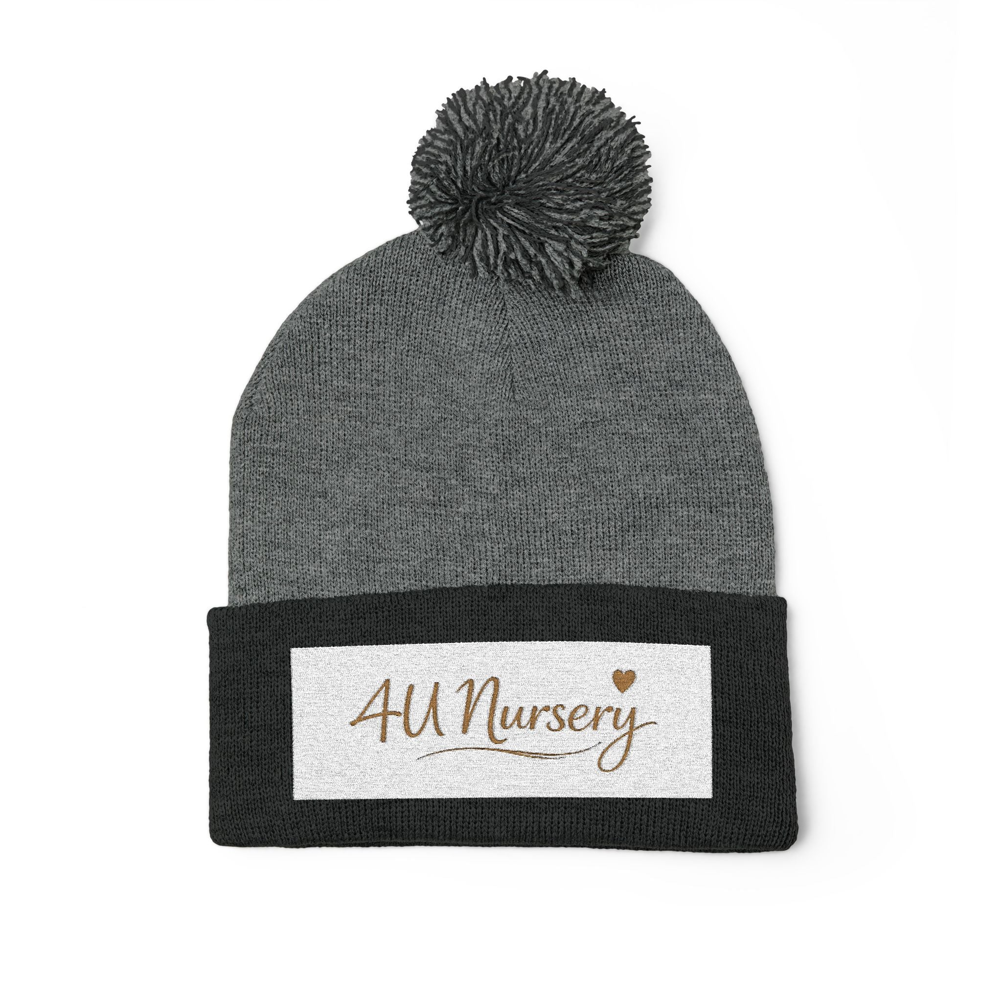 Embroidered Pom-Pom Beanie — "All Nursery" Heart Knit Cap