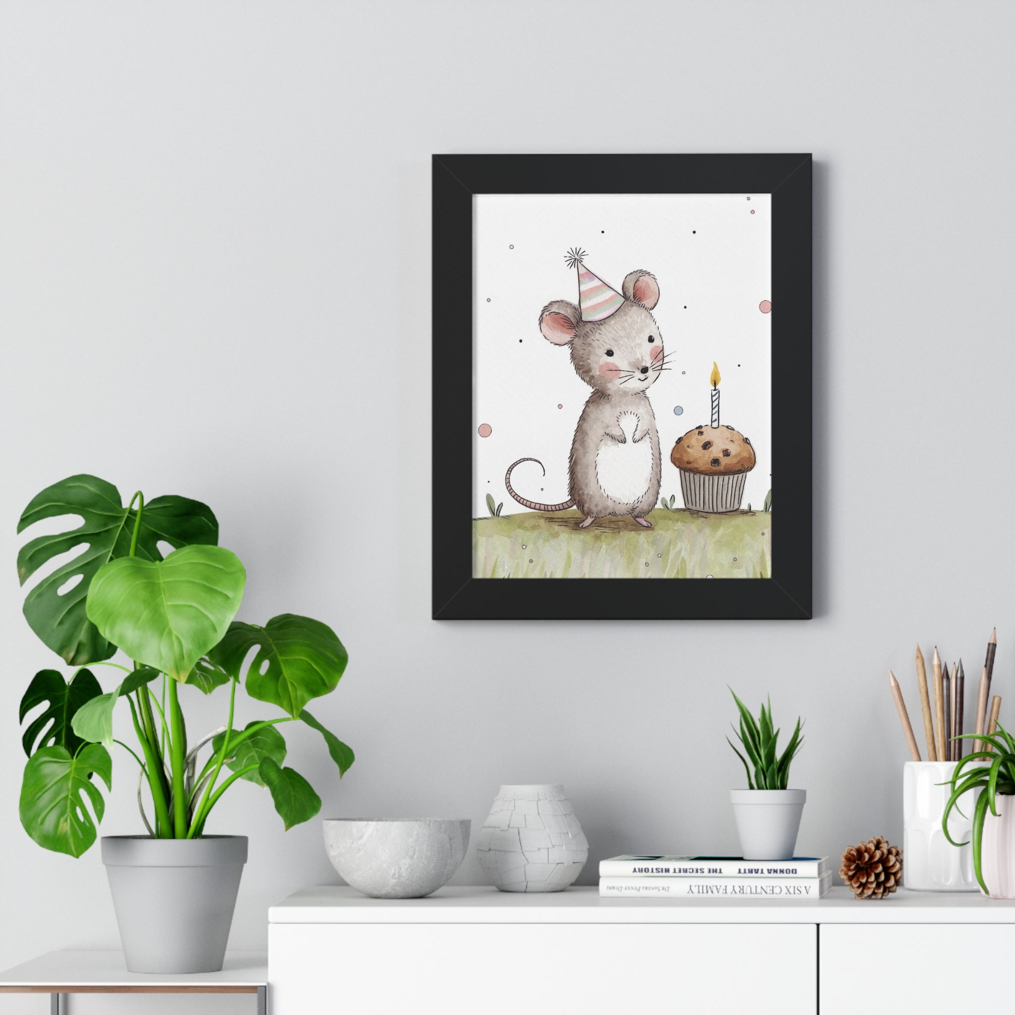 Birthday Mouse Framed Vertical Poster — Cute Nursery Wall Art