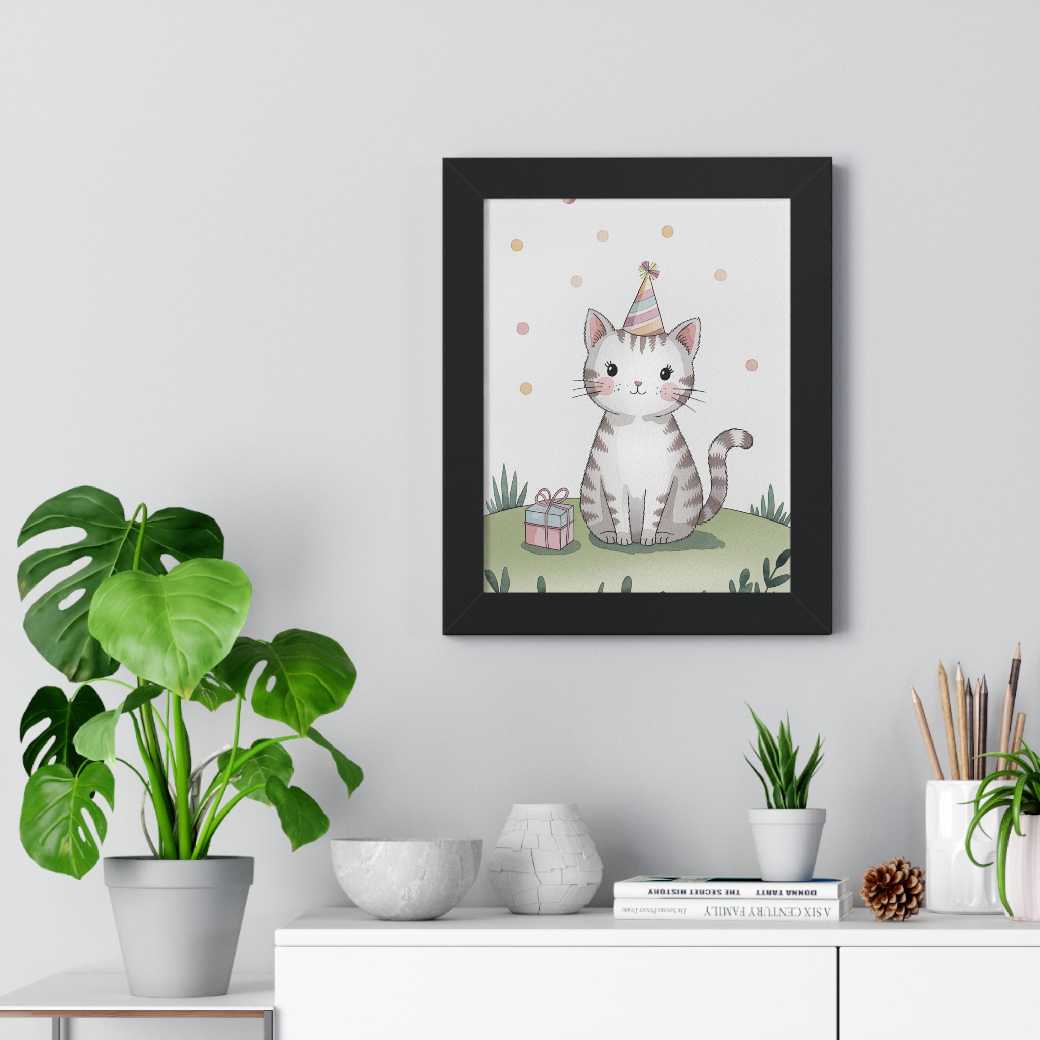 Cute Birthday Cat Framed Poster — Party Hat Kitten Wall Art