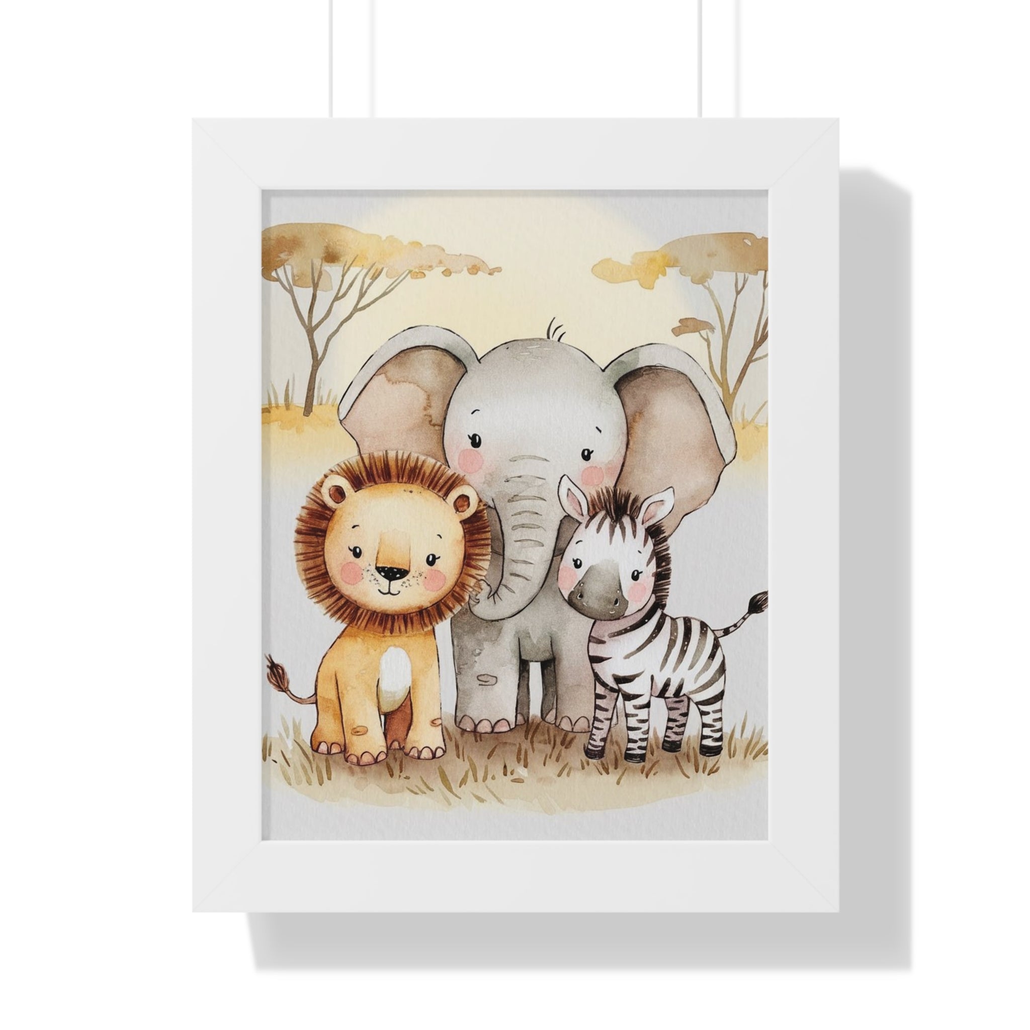Safari Nursery Framed Poster — Cute Lion, Elephant & Zebra Wall Art