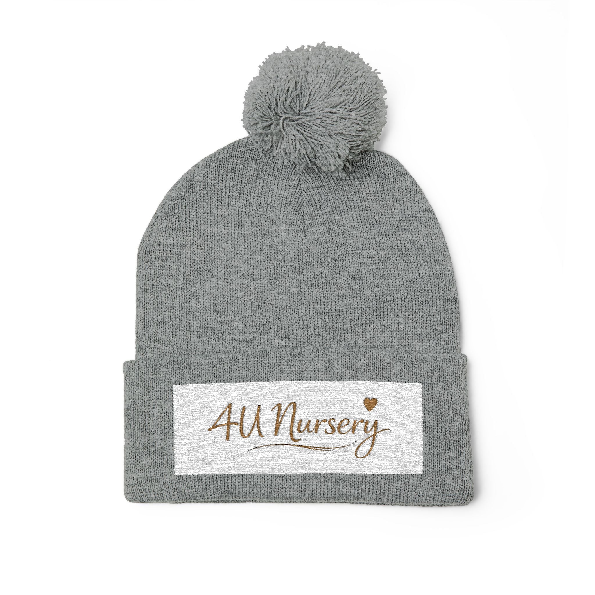 Embroidered Pom-Pom Beanie — "All Nursery" Heart Knit Cap