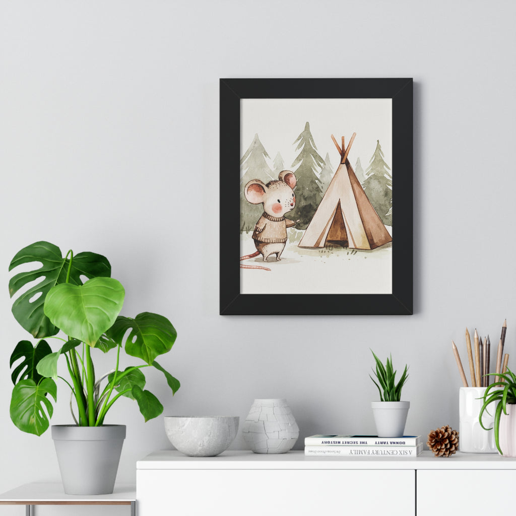 Cute Woodland Mouse Camping Framed Poster — Nursery Wall Art