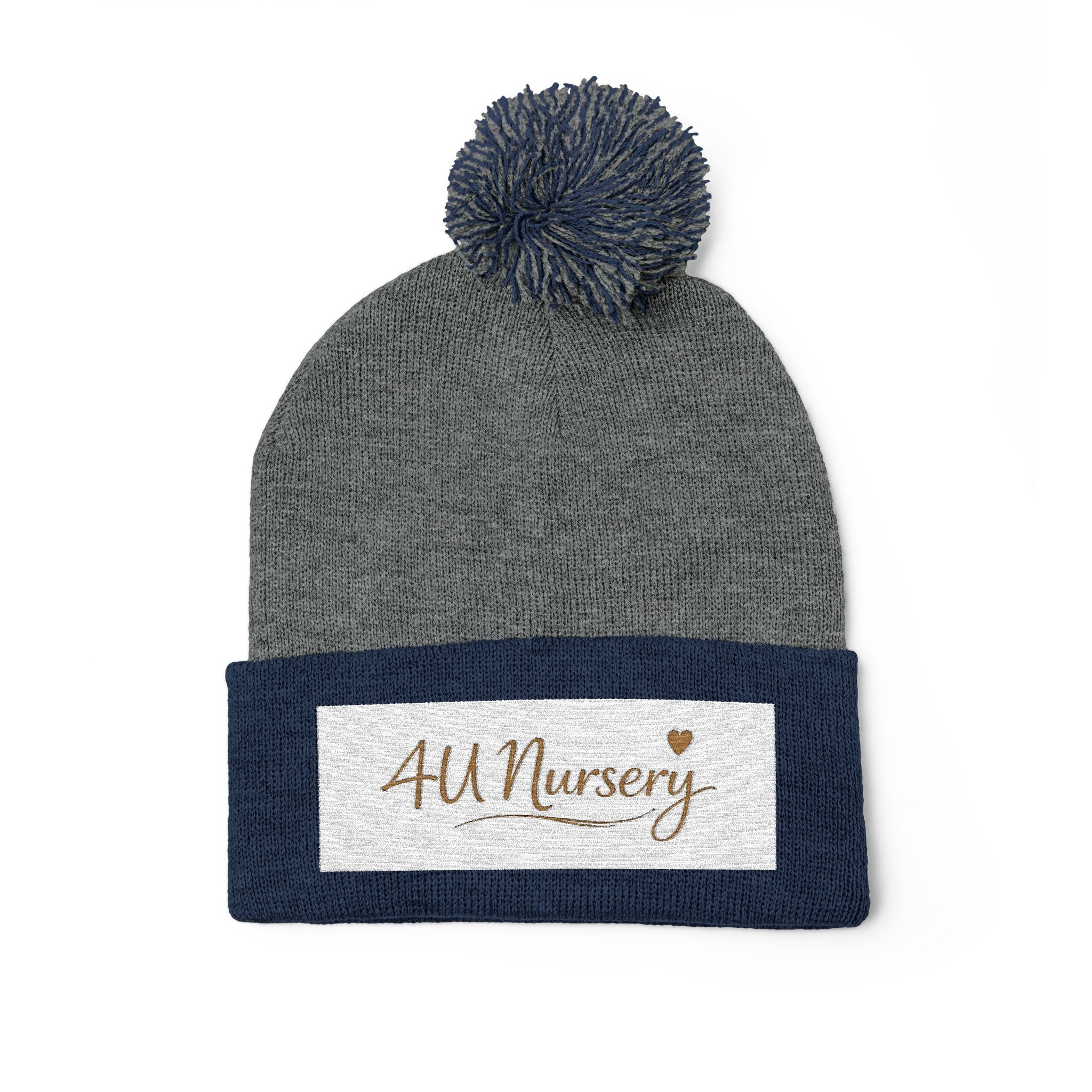 Embroidered Pom-Pom Beanie — "All Nursery" Heart Knit Cap