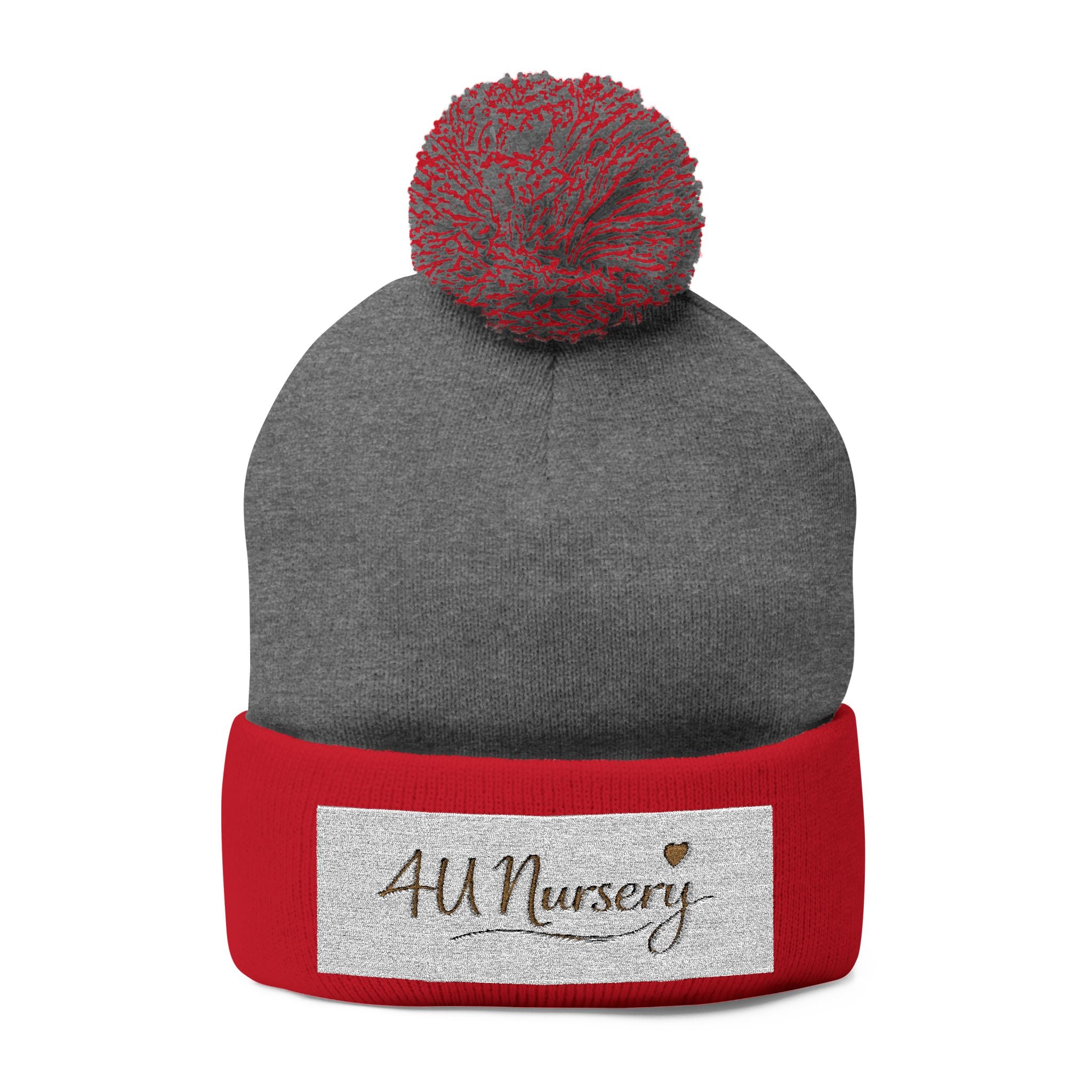 Embroidered Pom-Pom Beanie — "All Nursery" Heart Knit Cap