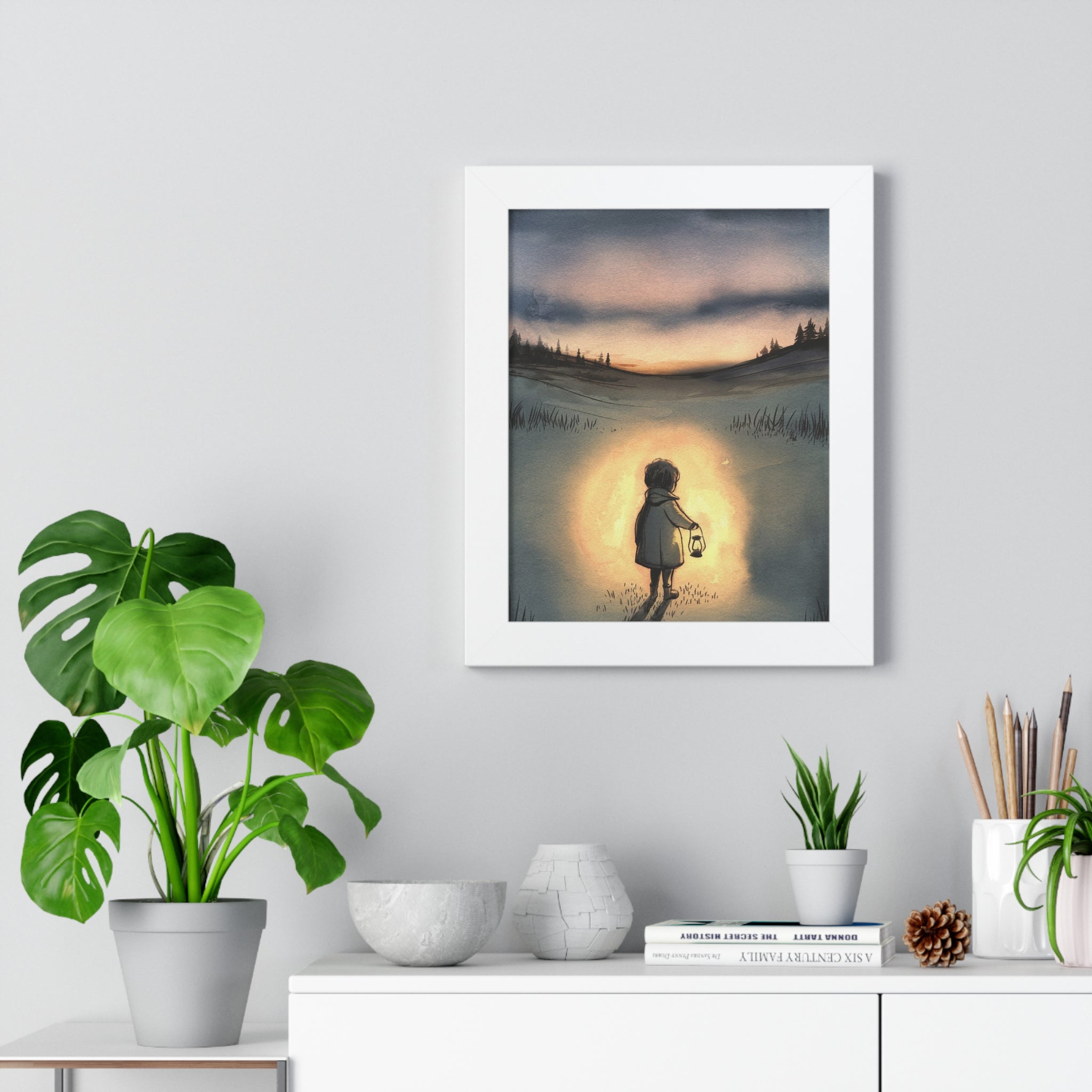 Framed Poster — Child with Lantern Nightscape Art Print