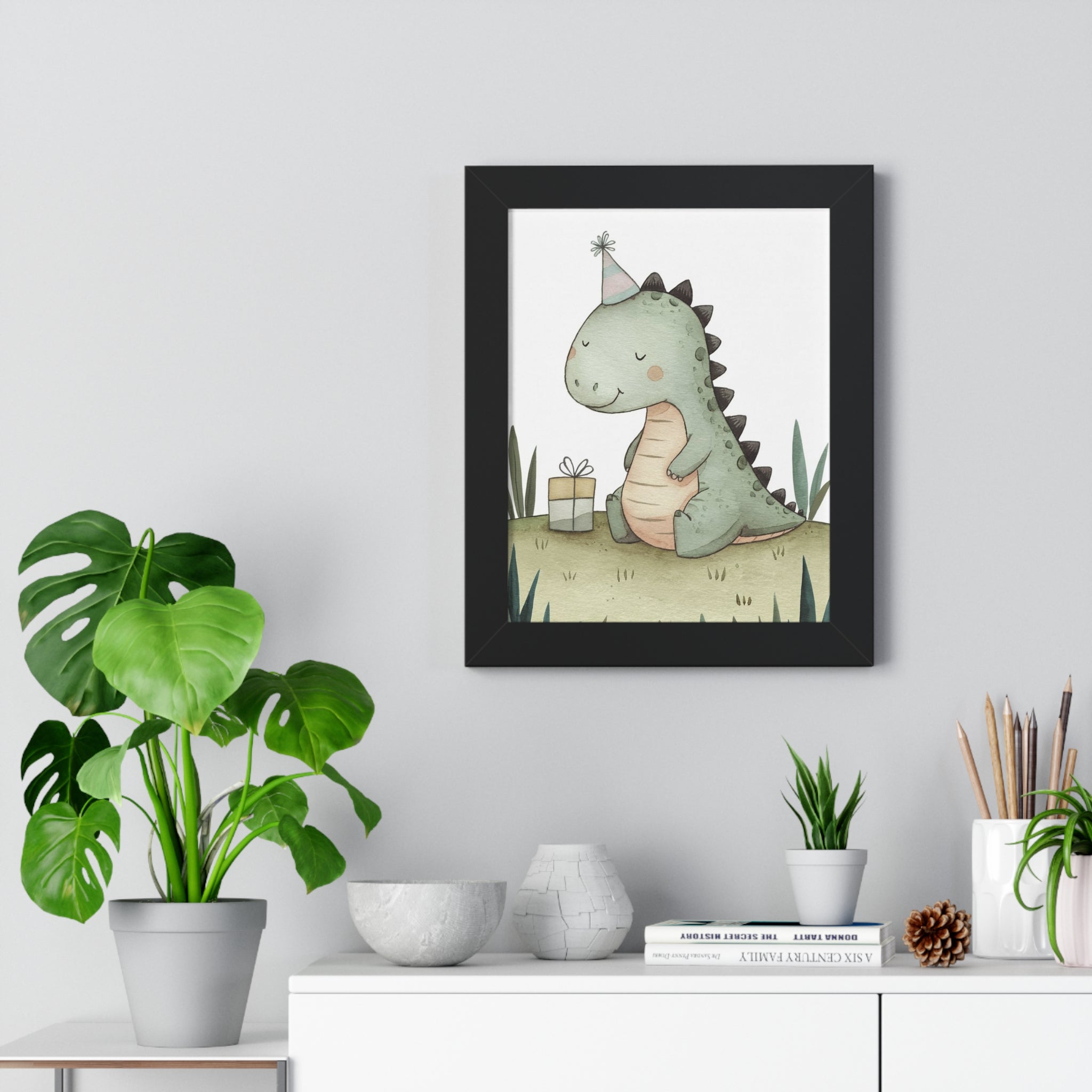 Framed Poster — Cute Party Dinosaur Nursery Art Print