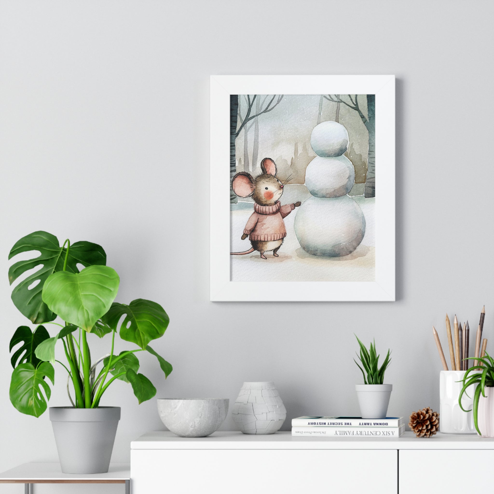 Framed Poster — Cute Mouse with Snowman Winter Wall Art