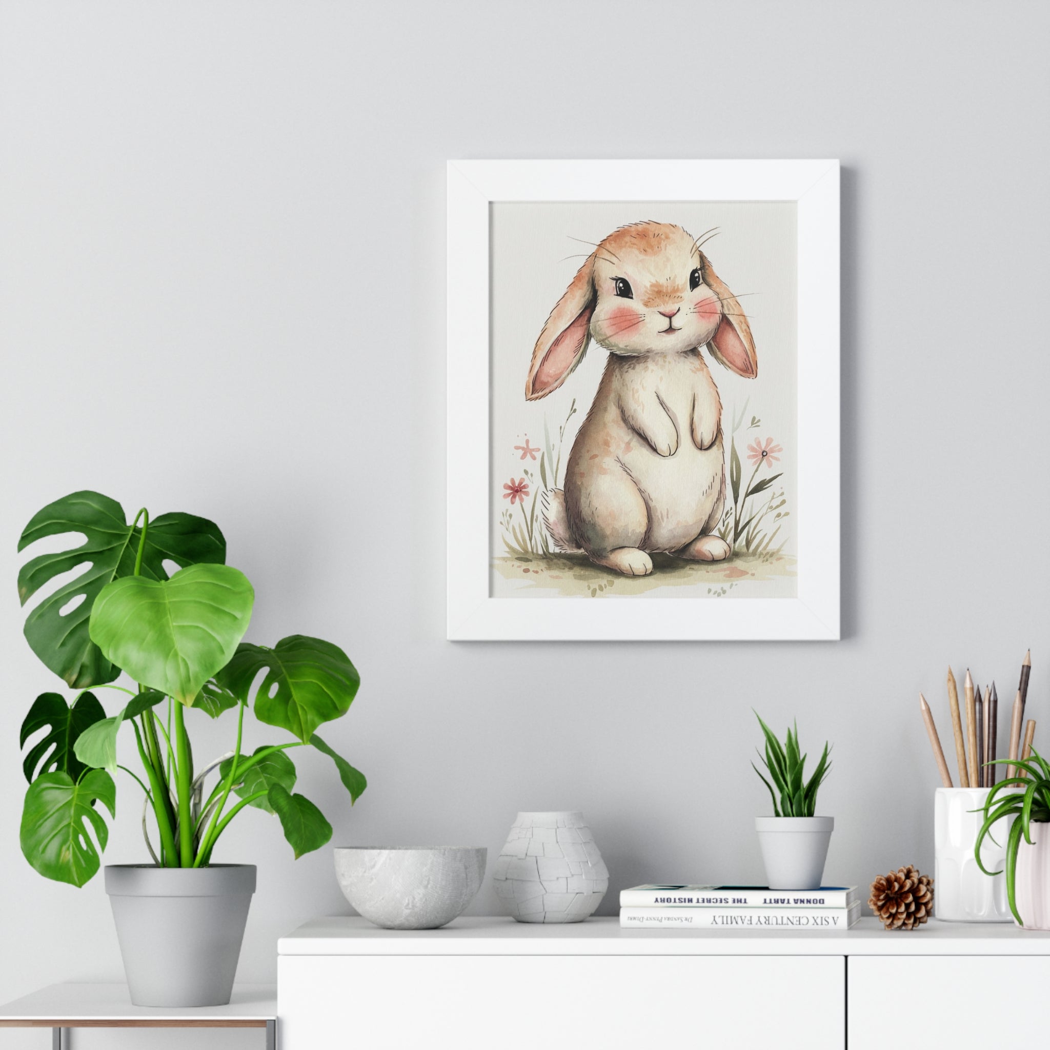 Framed Bunny Poster – Cute Watercolor Nursery Wall Art
