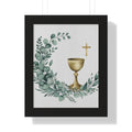 First Communion Chalice Wall Art — Framed Religious Poster with Greenery