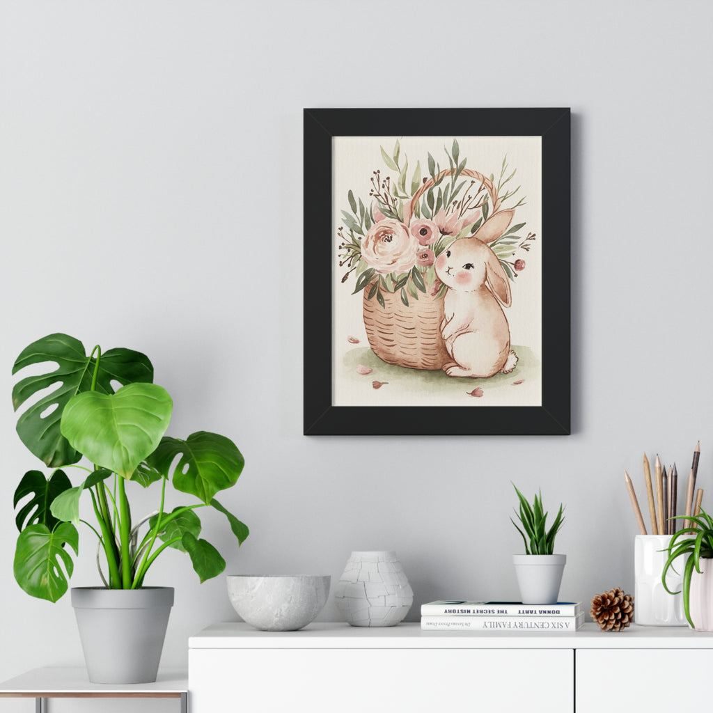 Bunny & Floral Basket Framed Vertical Poster — Nursery Wall Art