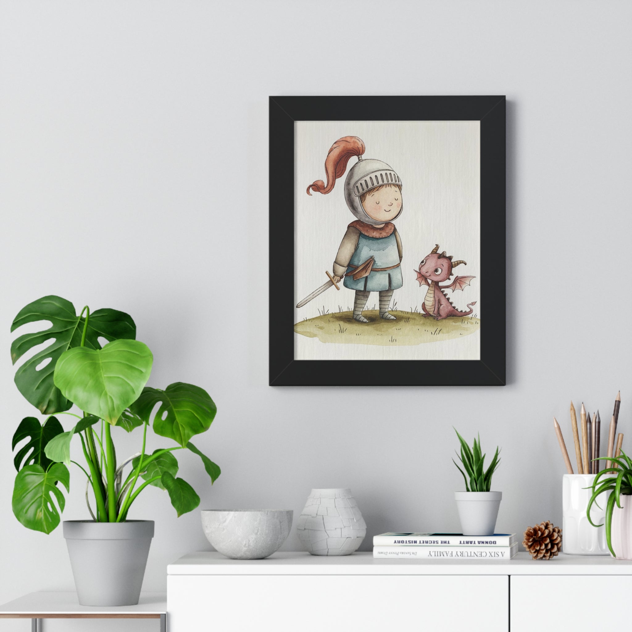 Knight and Dragon Framed Poster — Cute Nursery Wall Art