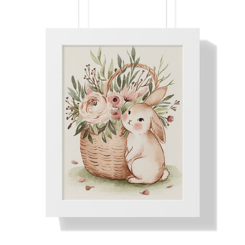 Bunny & Floral Basket Framed Vertical Poster — Nursery Wall Art