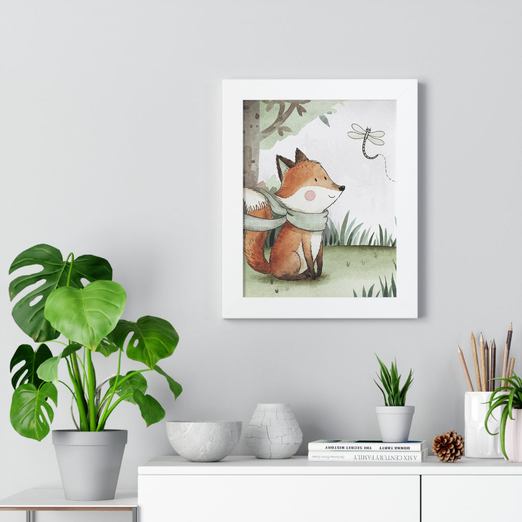 Fox Nursery Framed Poster — Cute Fox & Dragonfly Wall Art for Kids' Room