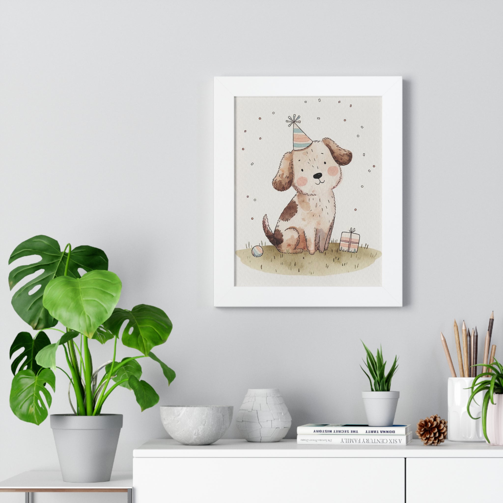 Cute Birthday Puppy Framed Poster — Nursery Wall Art