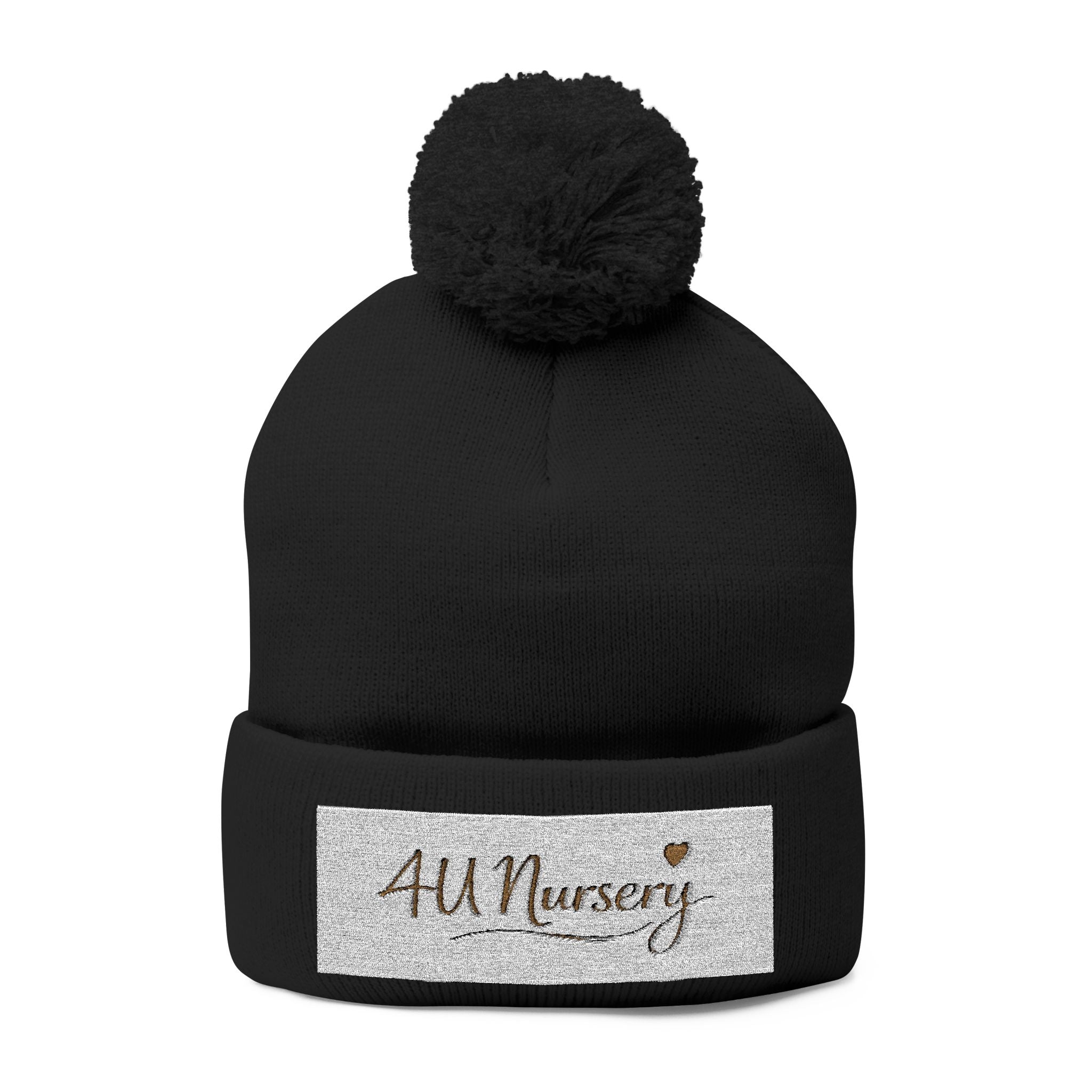 Embroidered Pom-Pom Beanie — "All Nursery" Heart Knit Cap