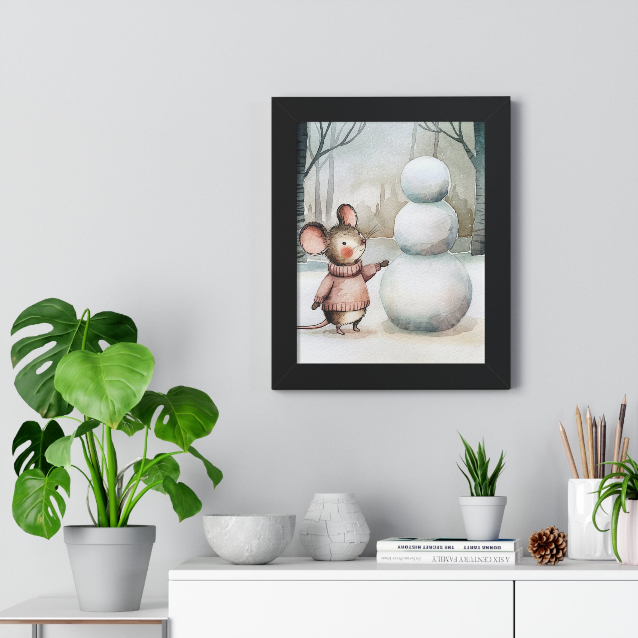 Framed Poster — Cute Mouse with Snowman Winter Wall Art