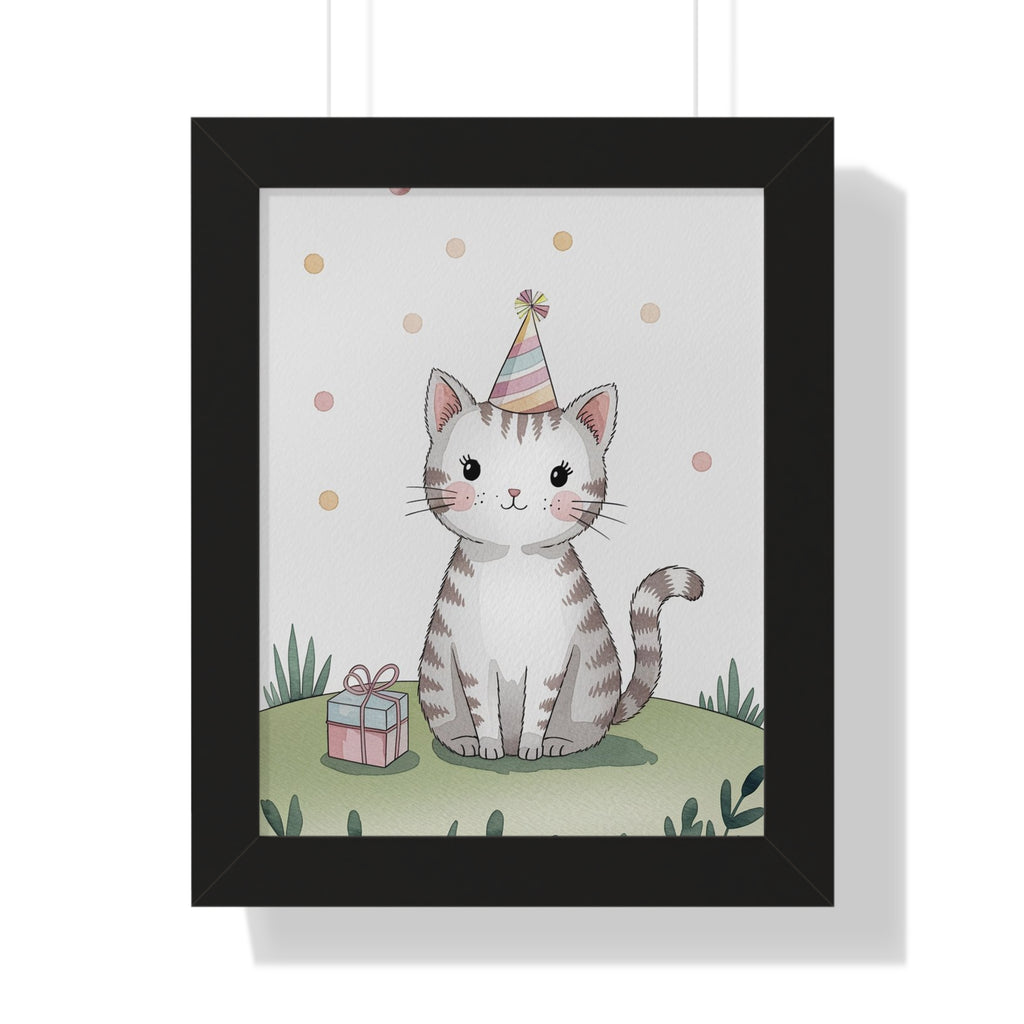 Cute Birthday Cat Framed Poster — Party Hat Kitten Wall Art