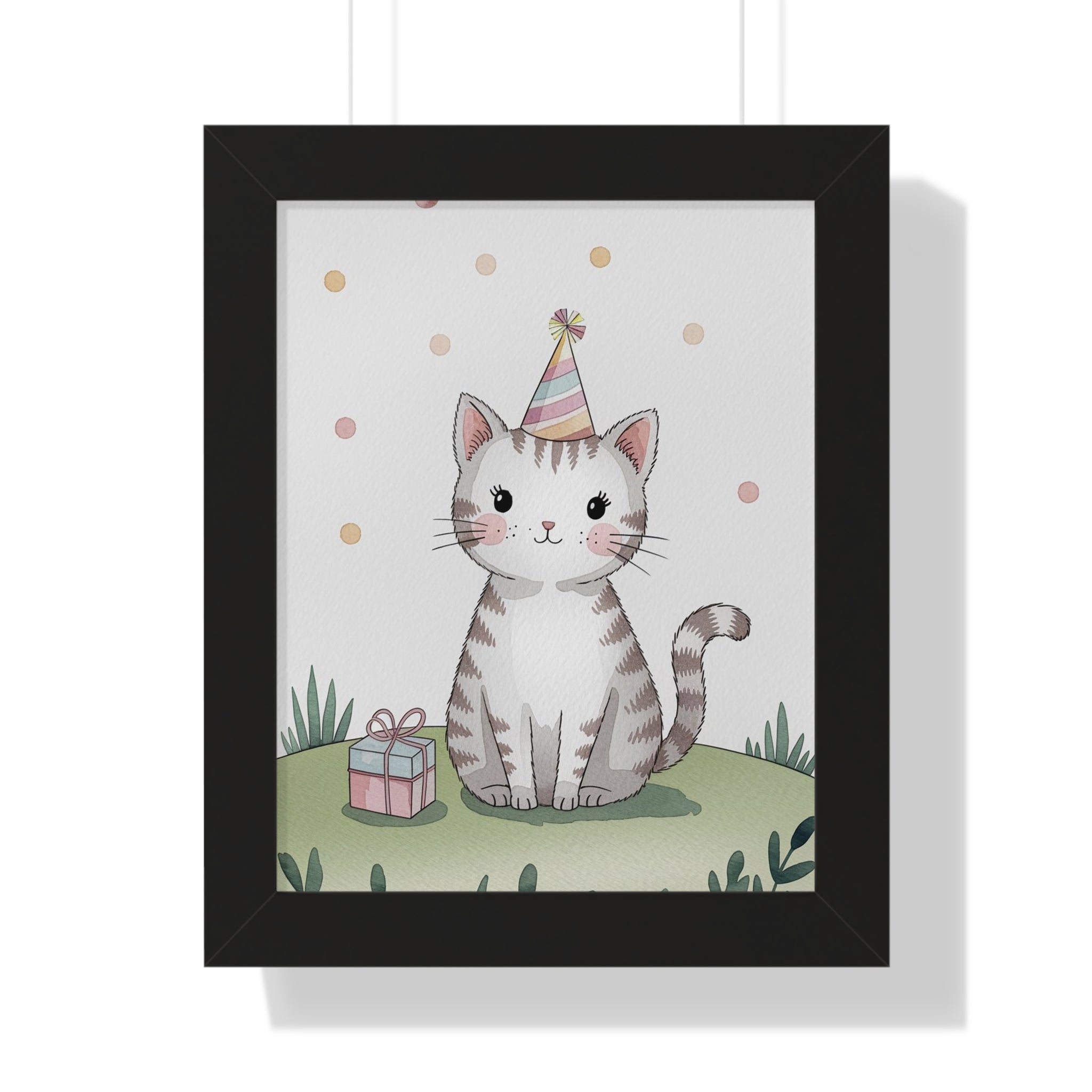 Cute Birthday Cat Framed Poster — Party Hat Kitten Wall Art