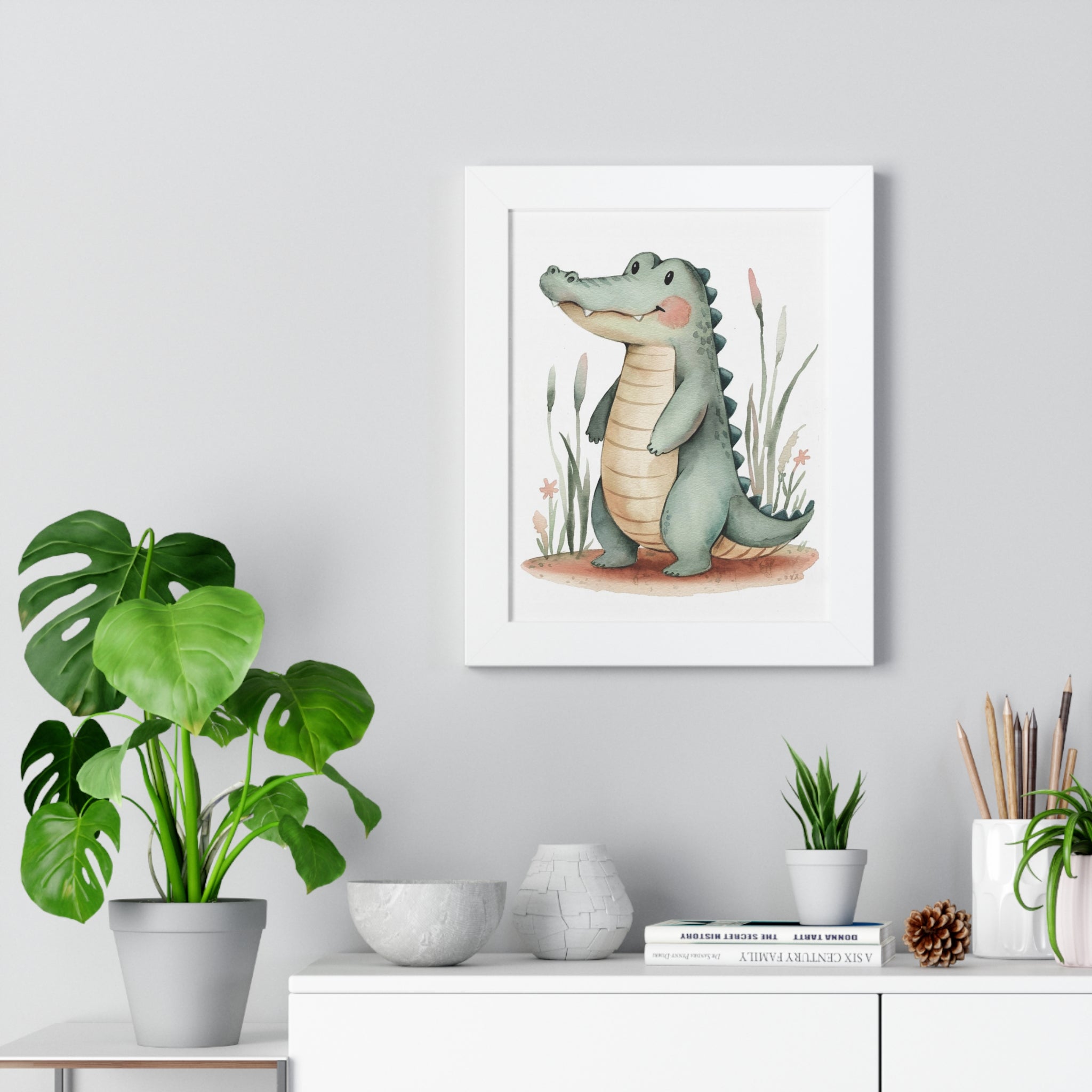 Cute Crocodile Nursery Poster — Framed Vertical Animal Wall Art for Kids’ Room