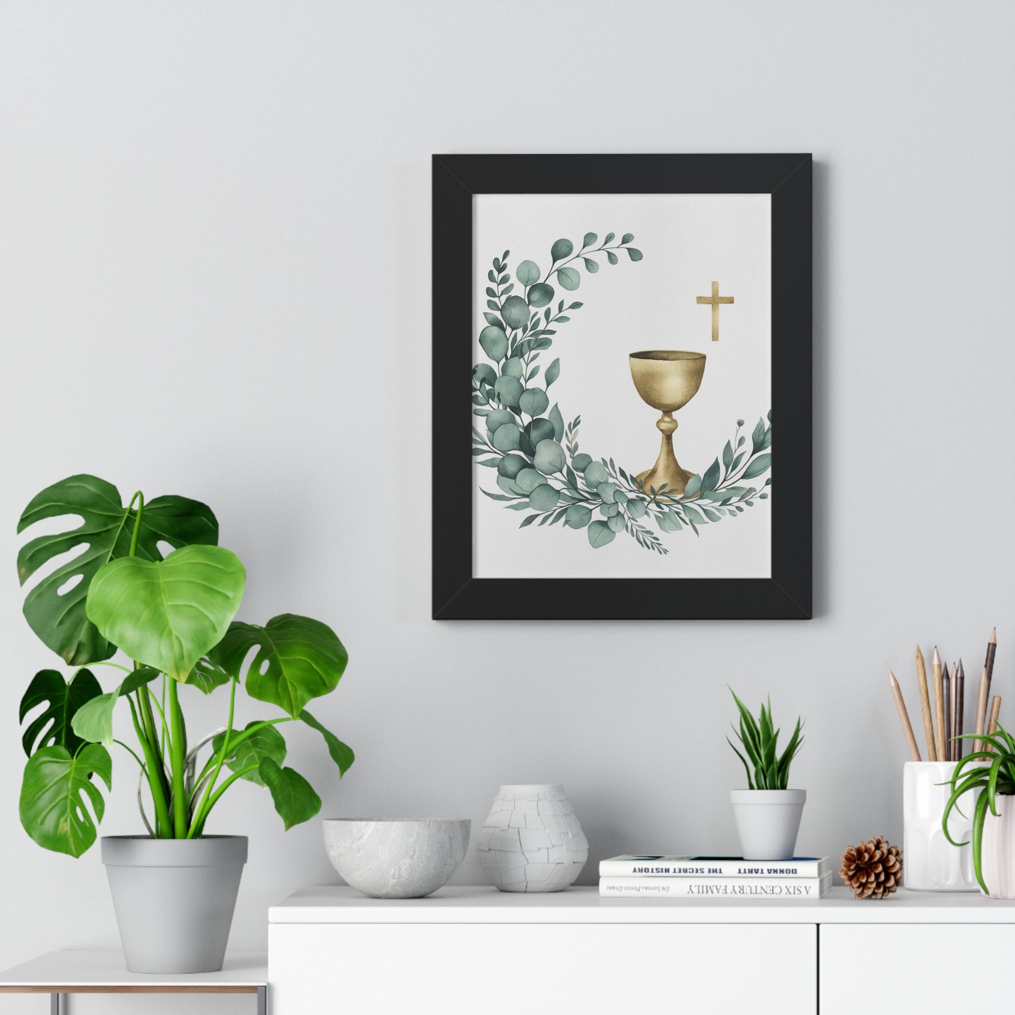 First Communion Chalice Wall Art — Framed Religious Poster with Greenery
