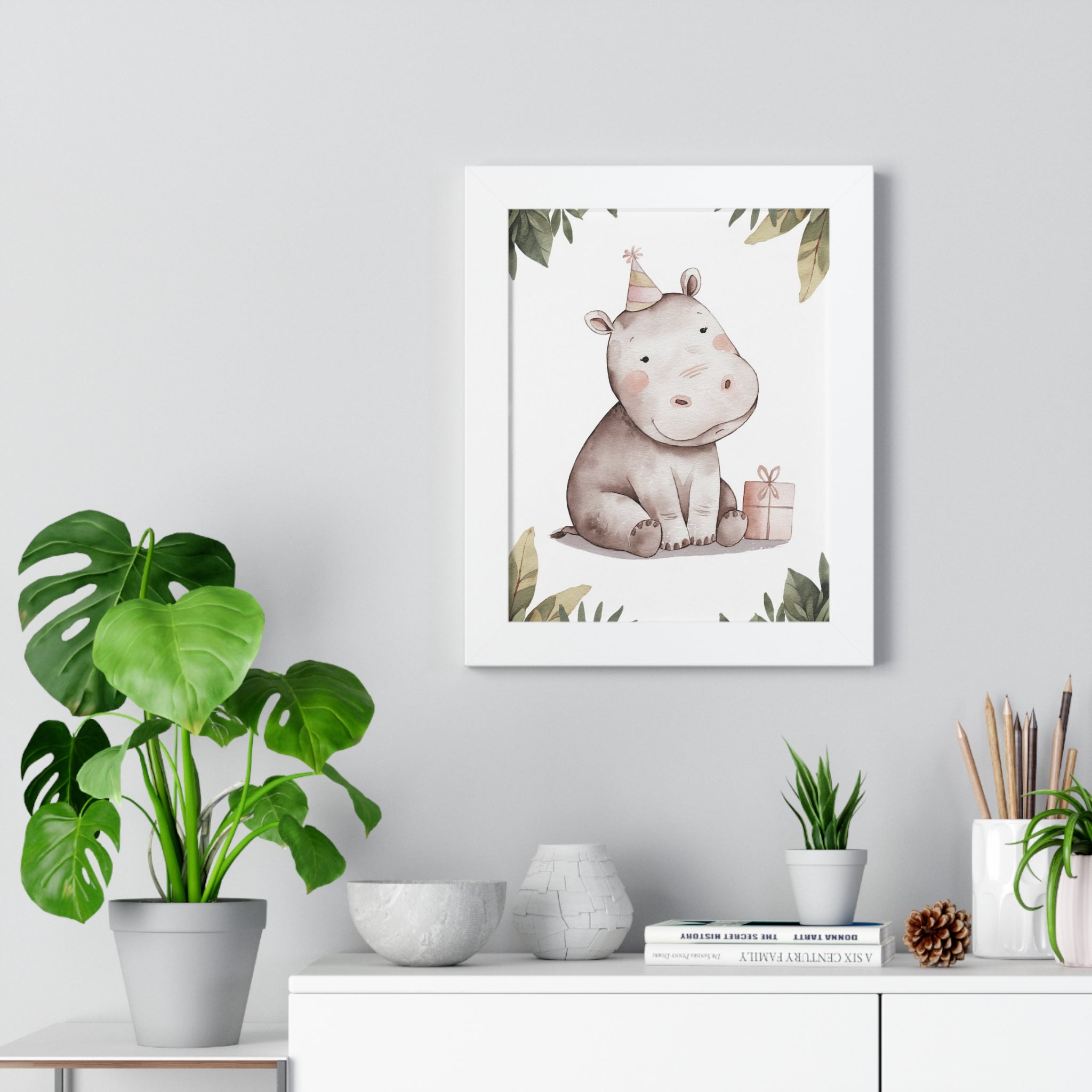 Baby Hippo Nursery Poster — Cute Hippo with Gift Framed Wall Art