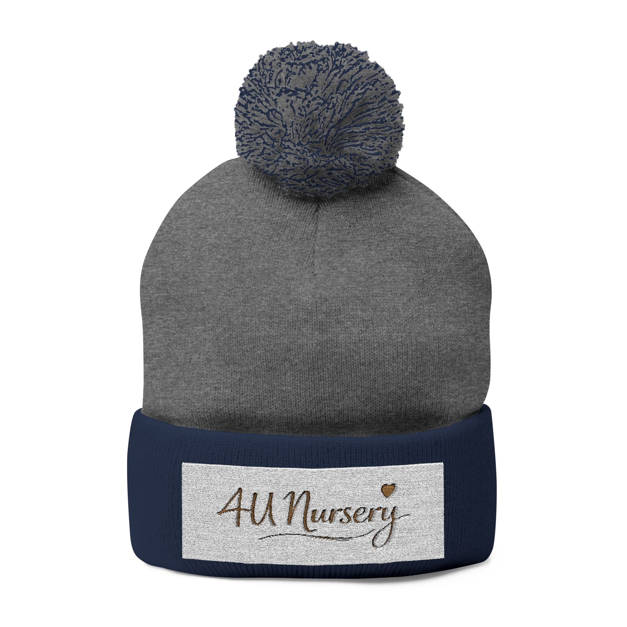 Embroidered Pom-Pom Beanie — "All Nursery" Heart Knit Cap
