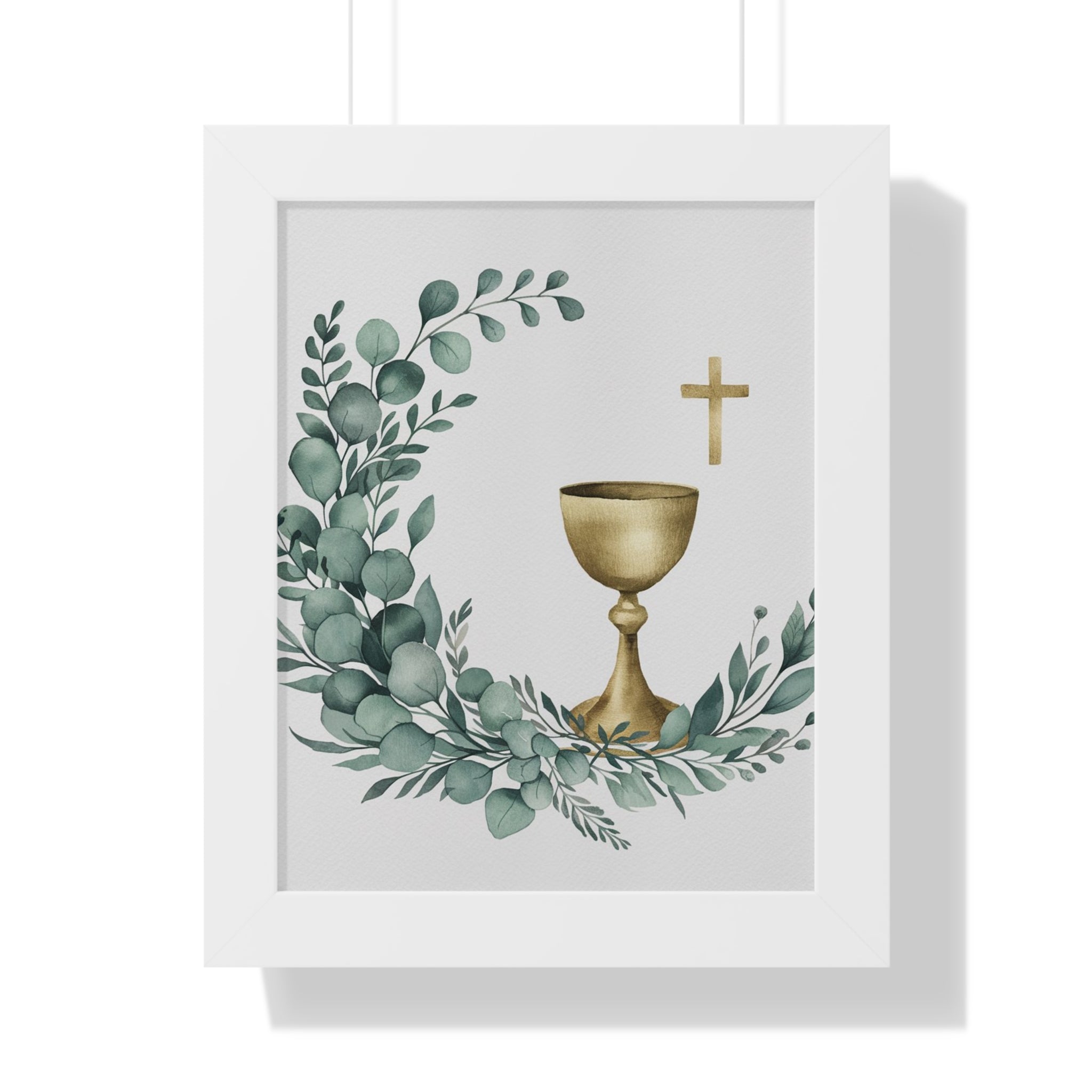 First Communion Chalice Wall Art — Framed Religious Poster with Greenery