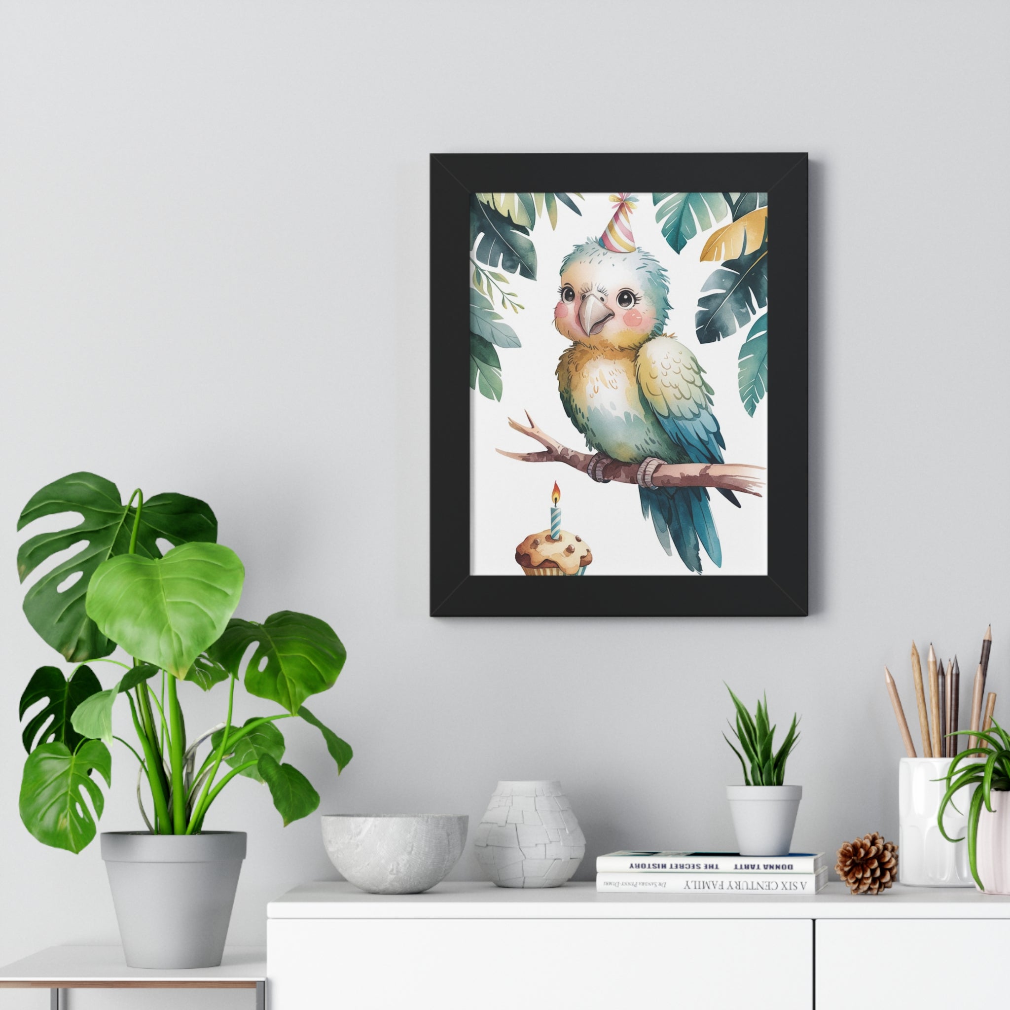 Birthday Parrot Framed Poster — Cute Tropical Bird Wall Art for Kids’ Room