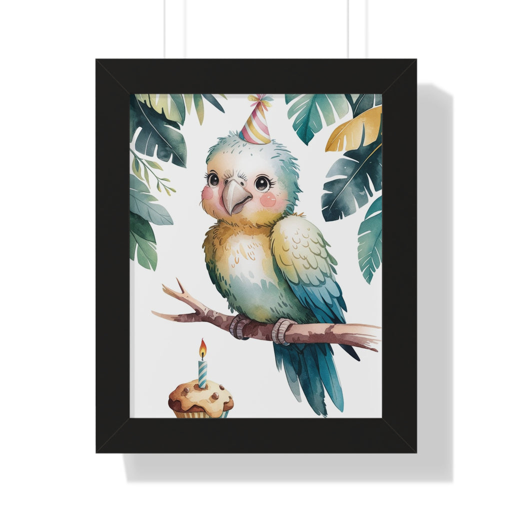 Birthday Parrot Framed Poster — Cute Tropical Bird Wall Art for Kids’ Room