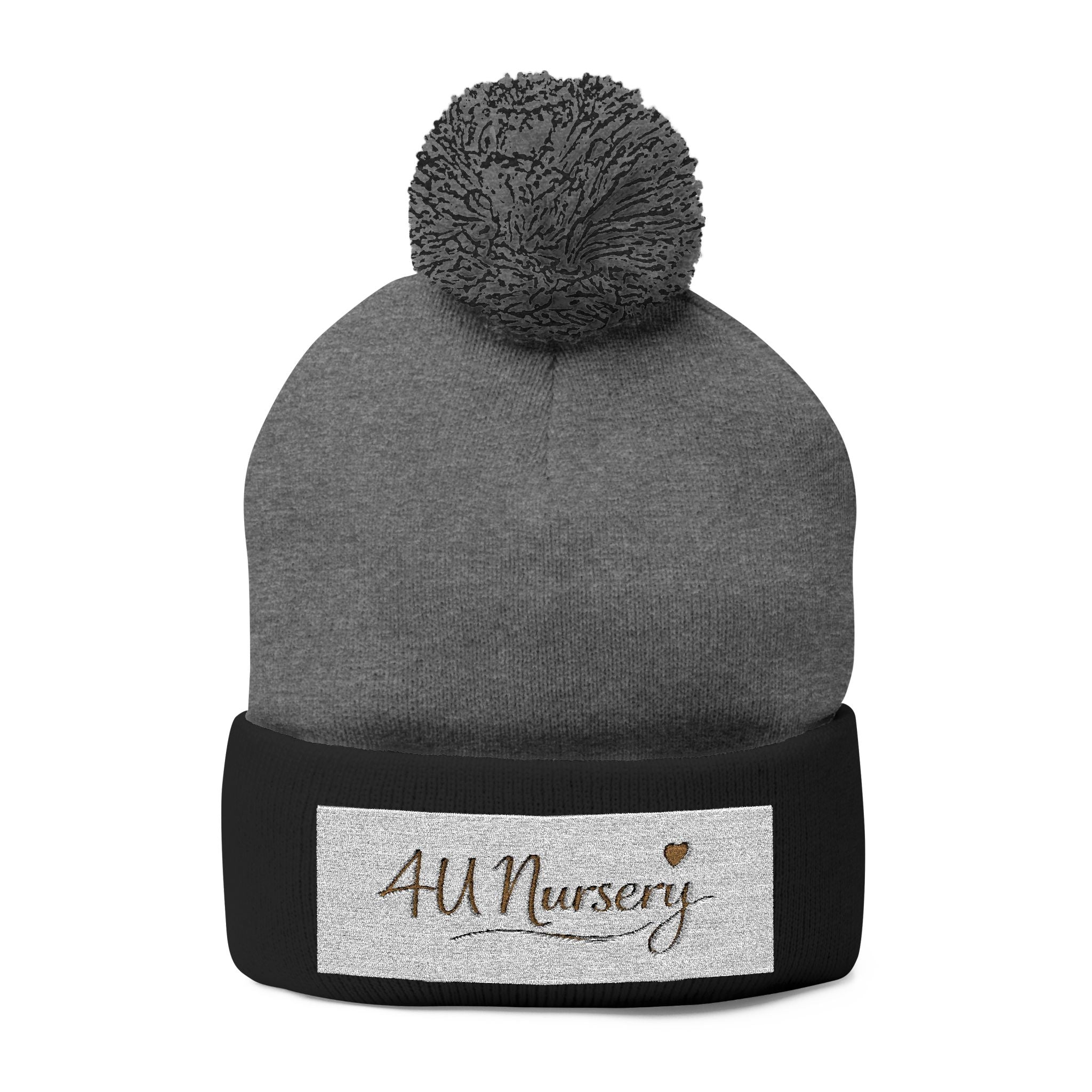 Embroidered Pom-Pom Beanie — "All Nursery" Heart Knit Cap