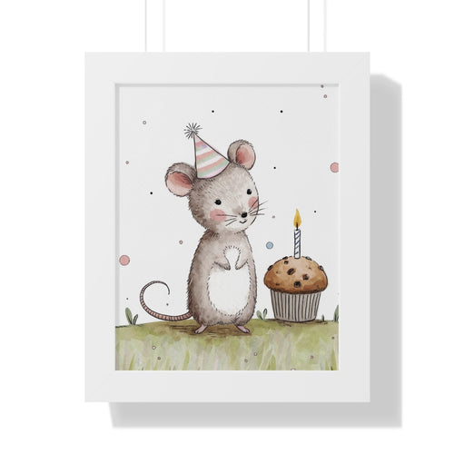 Birthday Mouse Framed Vertical Poster — Cute Nursery Wall Art