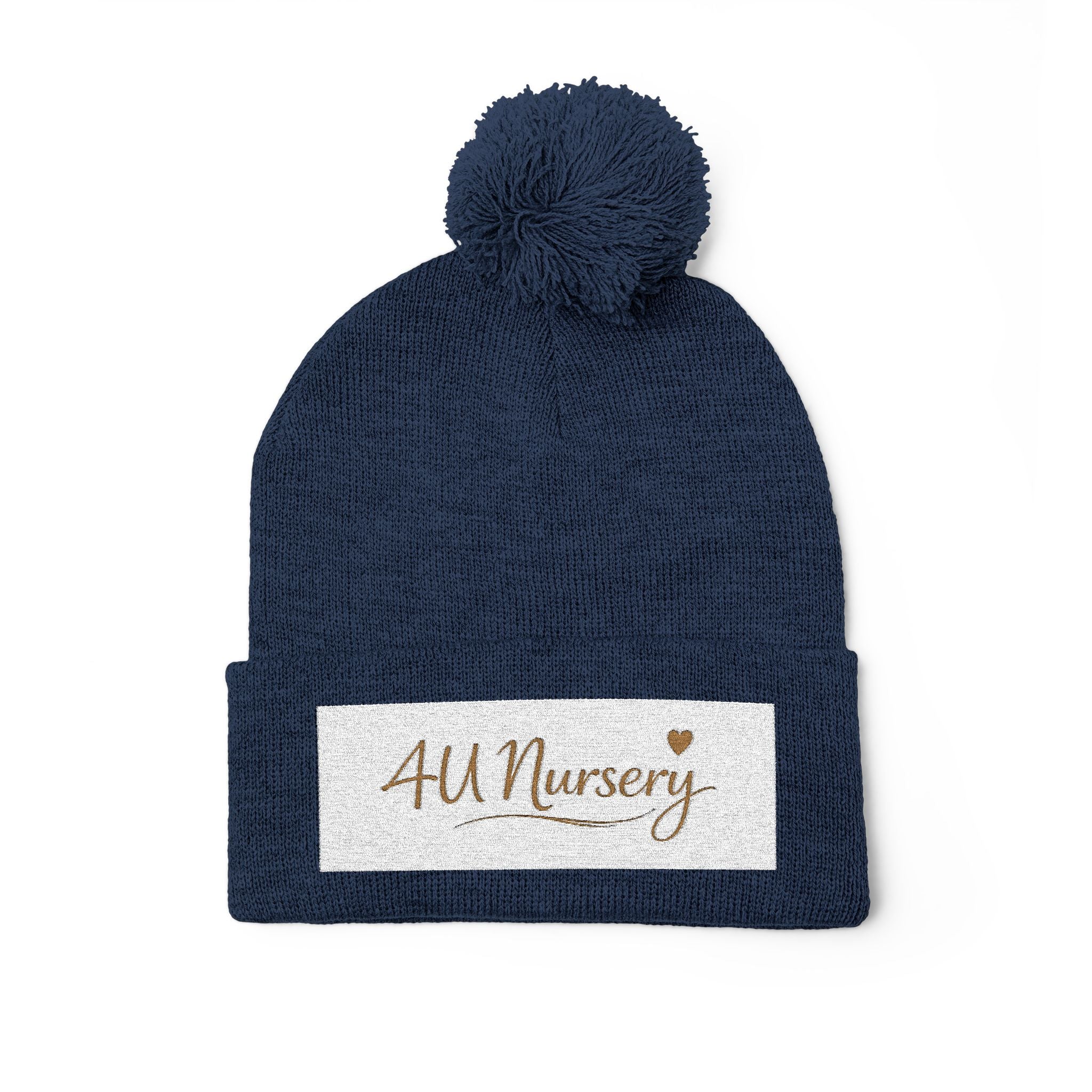 Embroidered Pom-Pom Beanie — "All Nursery" Heart Knit Cap