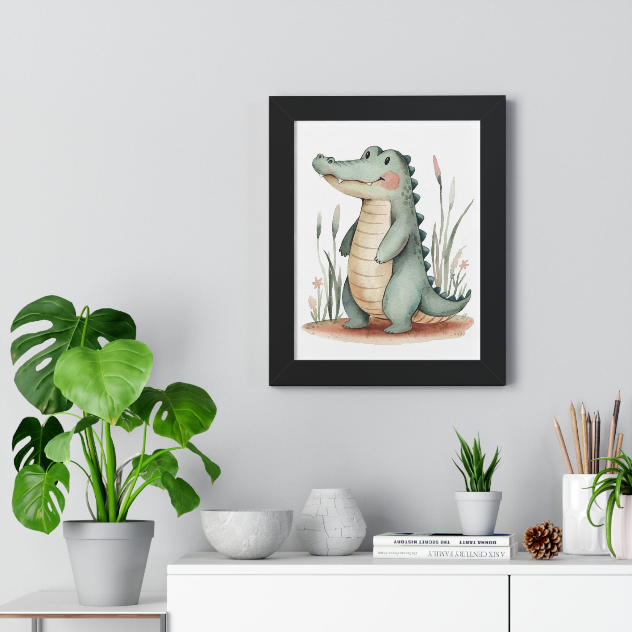 Cute Crocodile Nursery Poster — Framed Vertical Animal Wall Art for Kids’ Room