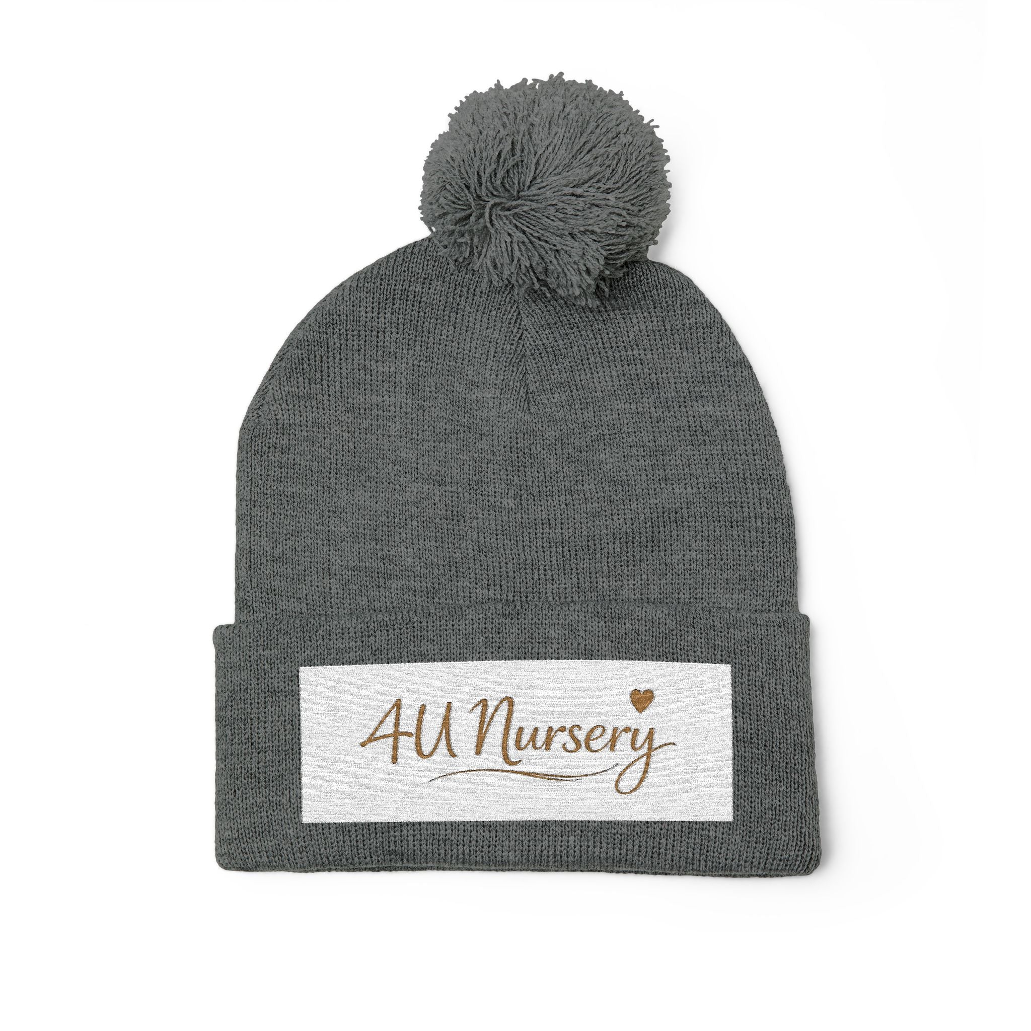 Embroidered Pom-Pom Beanie — "All Nursery" Heart Knit Cap